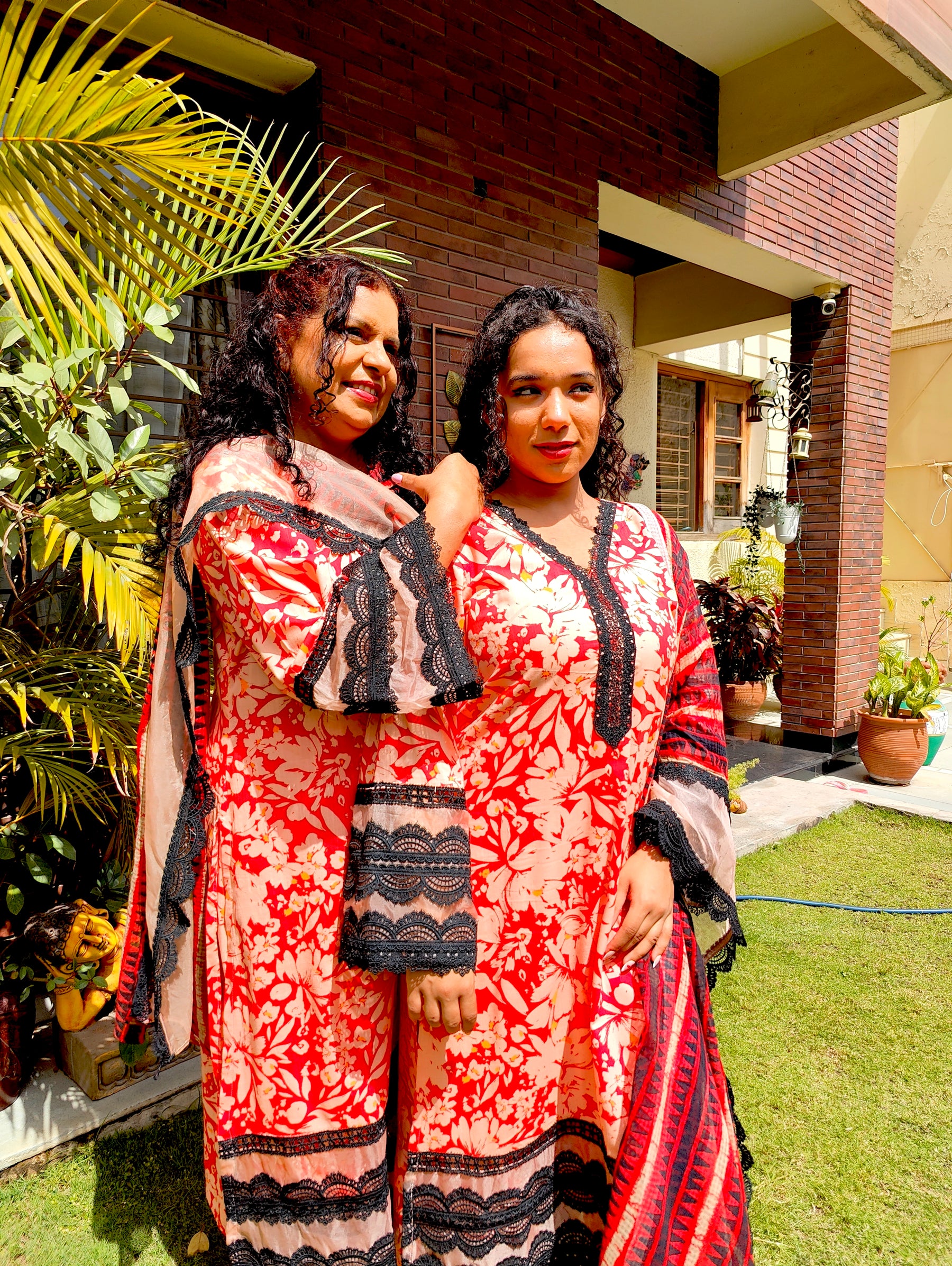 Orange Cotton Black Italian Lace Stitched Suit Set