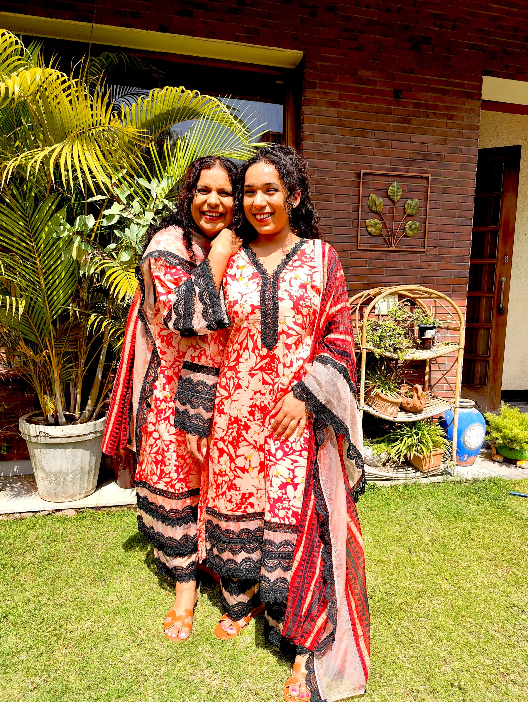 Orange Cotton Black Italian Lace Stitched Suit Set