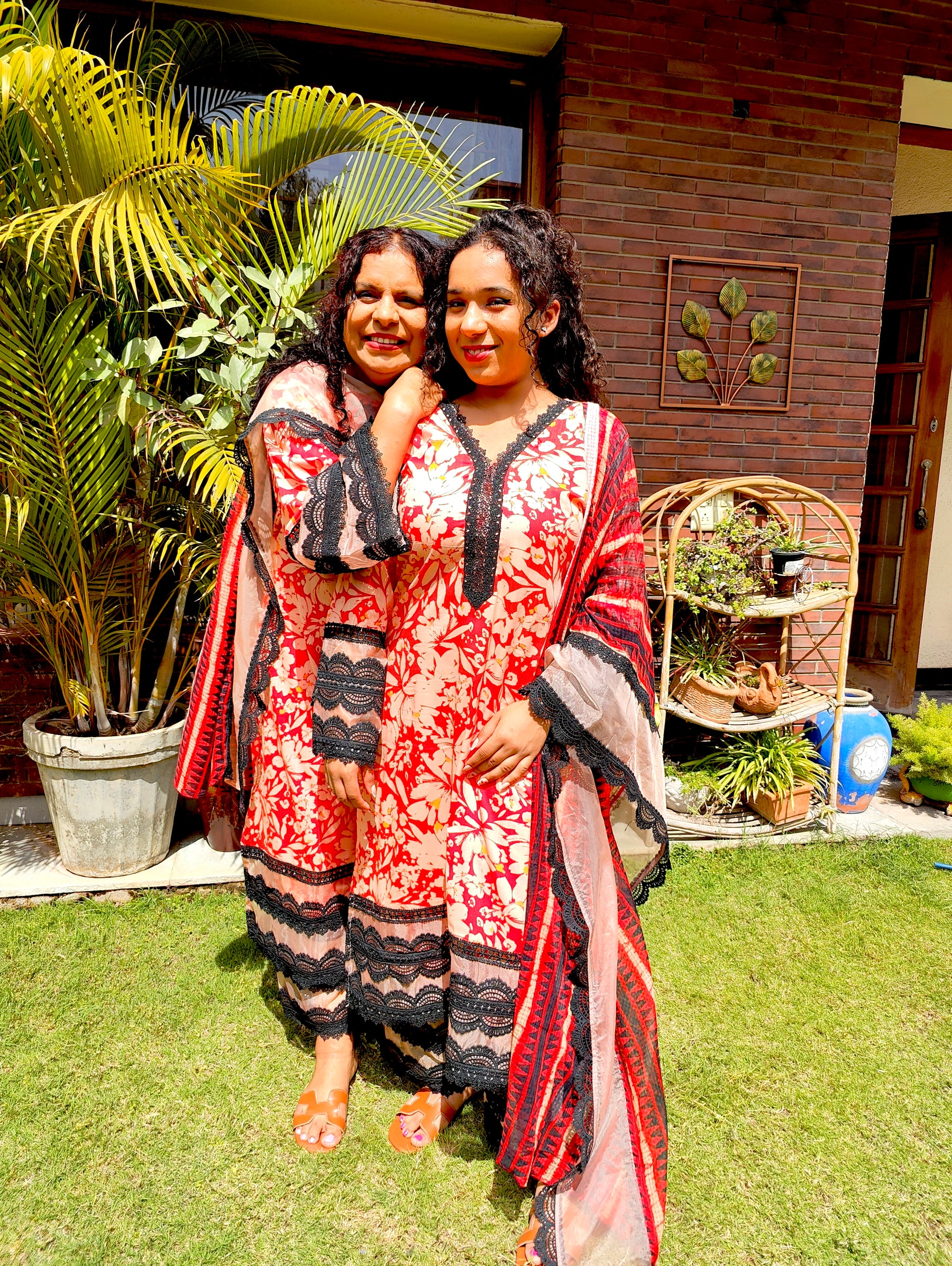 Orange Cotton Black Italian Lace Stitched Suit Set