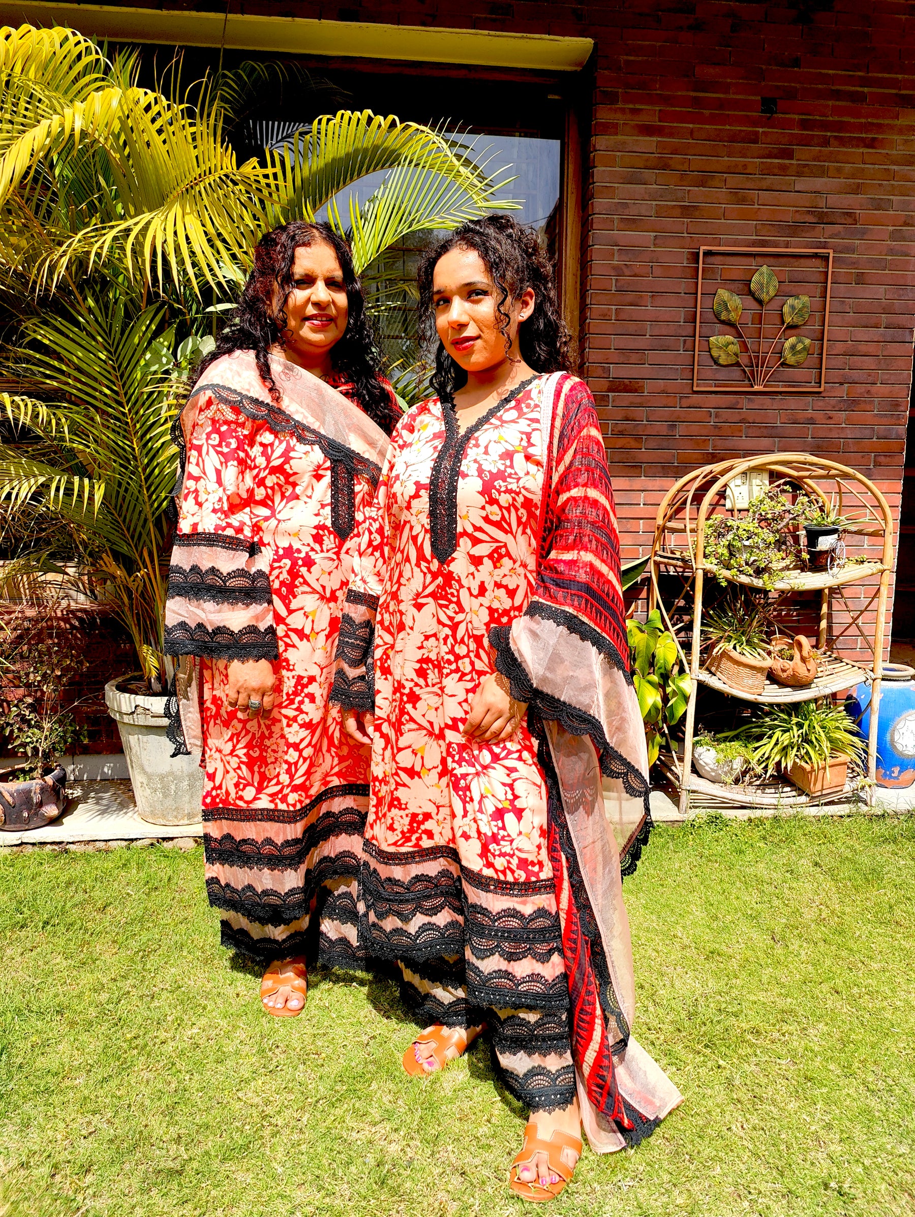 Orange Cotton Black Italian Lace Stitched Suit Set