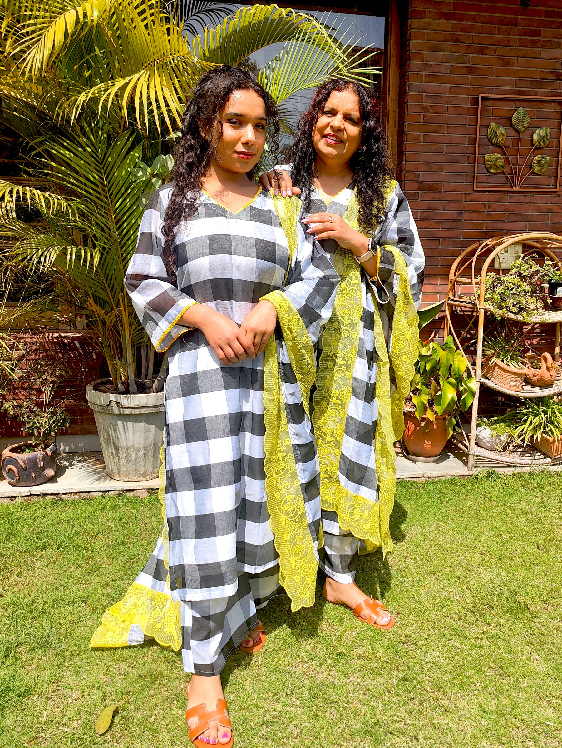Black and White Checkred Chanderi Stitched Suit Set