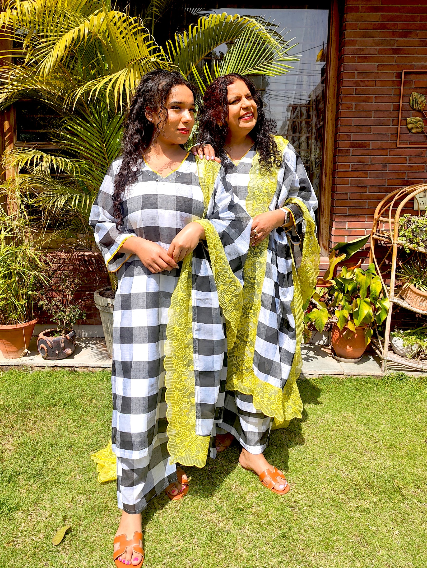 Black and White Checkred Chanderi Stitched Suit Set
