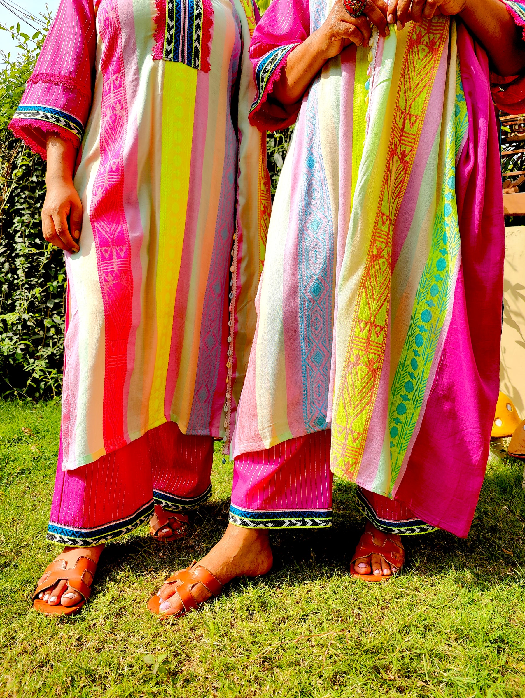 Multi-Coloured Afghani Magenta Embroidered Stitched Suit Set