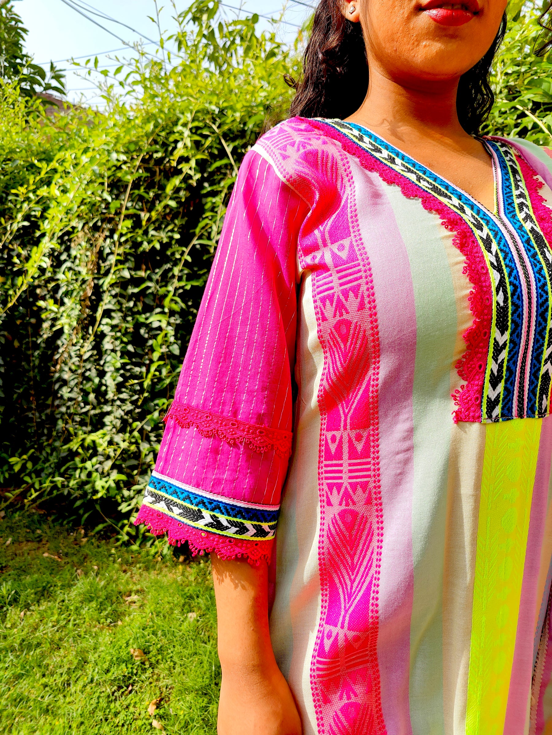 Multi-Coloured Afghani Magenta Embroidered Stitched Suit Set