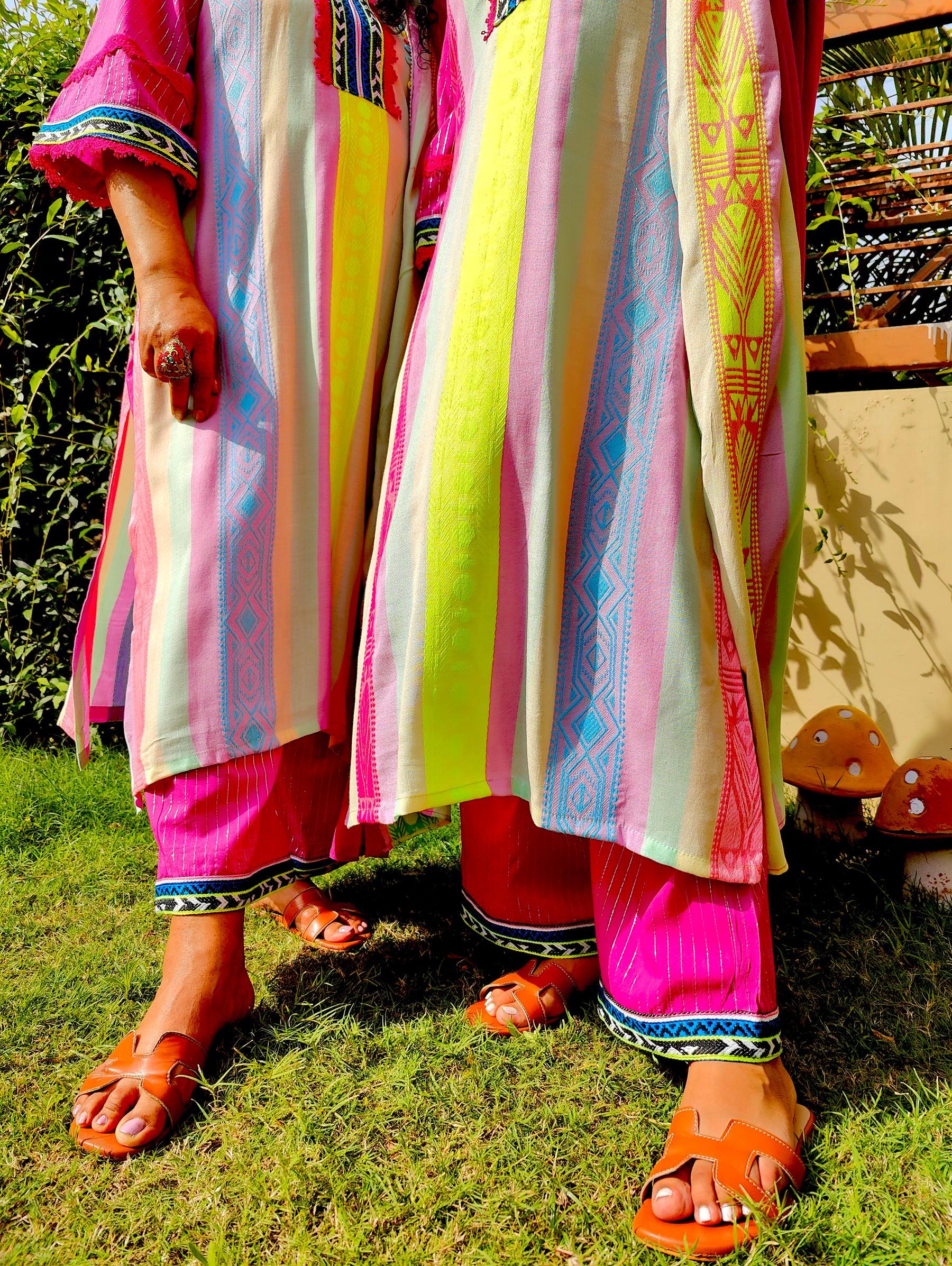Multi-Coloured Afghani Magenta Embroidered Stitched Suit Set