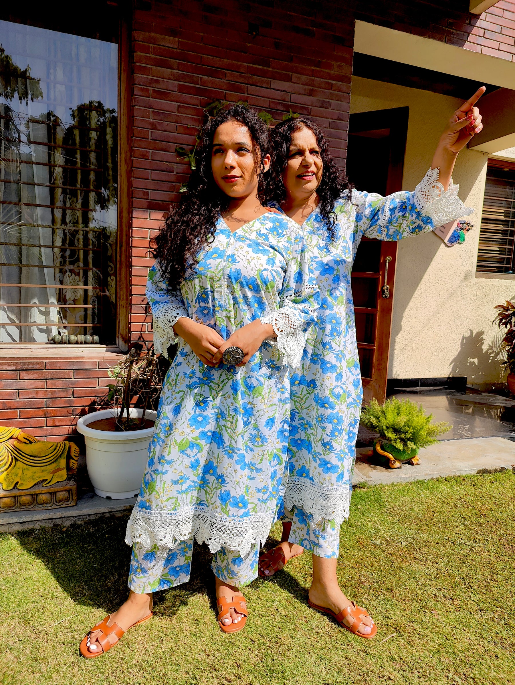 White Handblock Blue Floral Cotton Stitched Co-Ord Set
