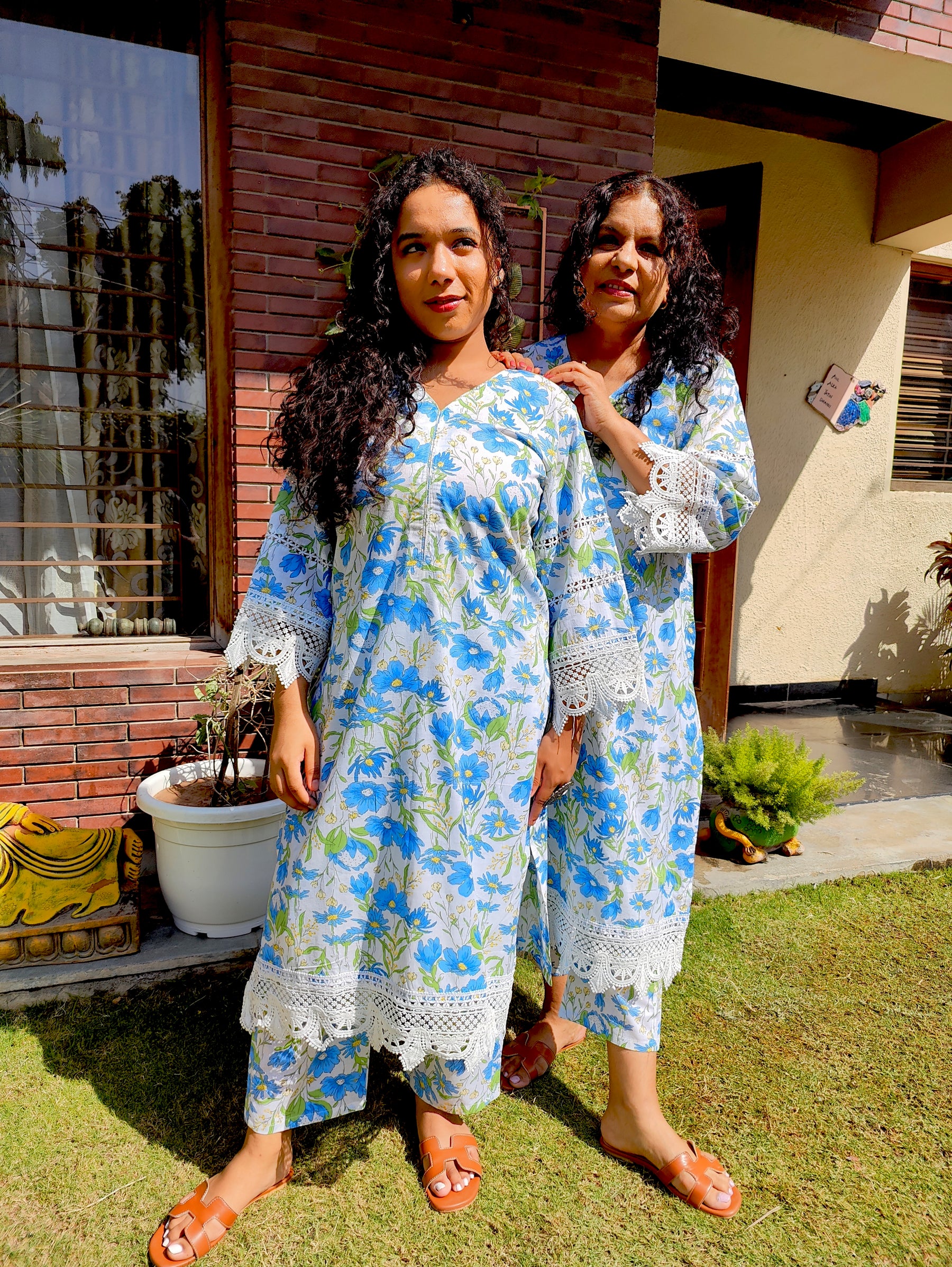 White Handblock Blue Floral Cotton Stitched Co-Ord Set