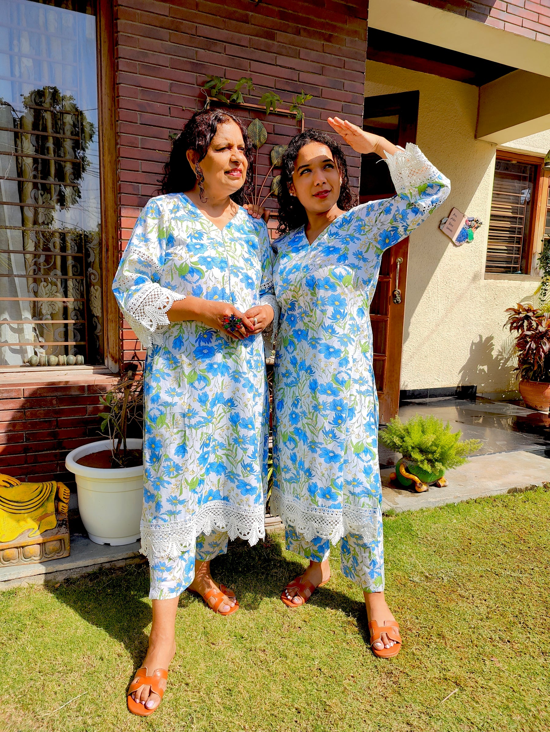 White Handblock Blue Floral Cotton Stitched Co-Ord Set