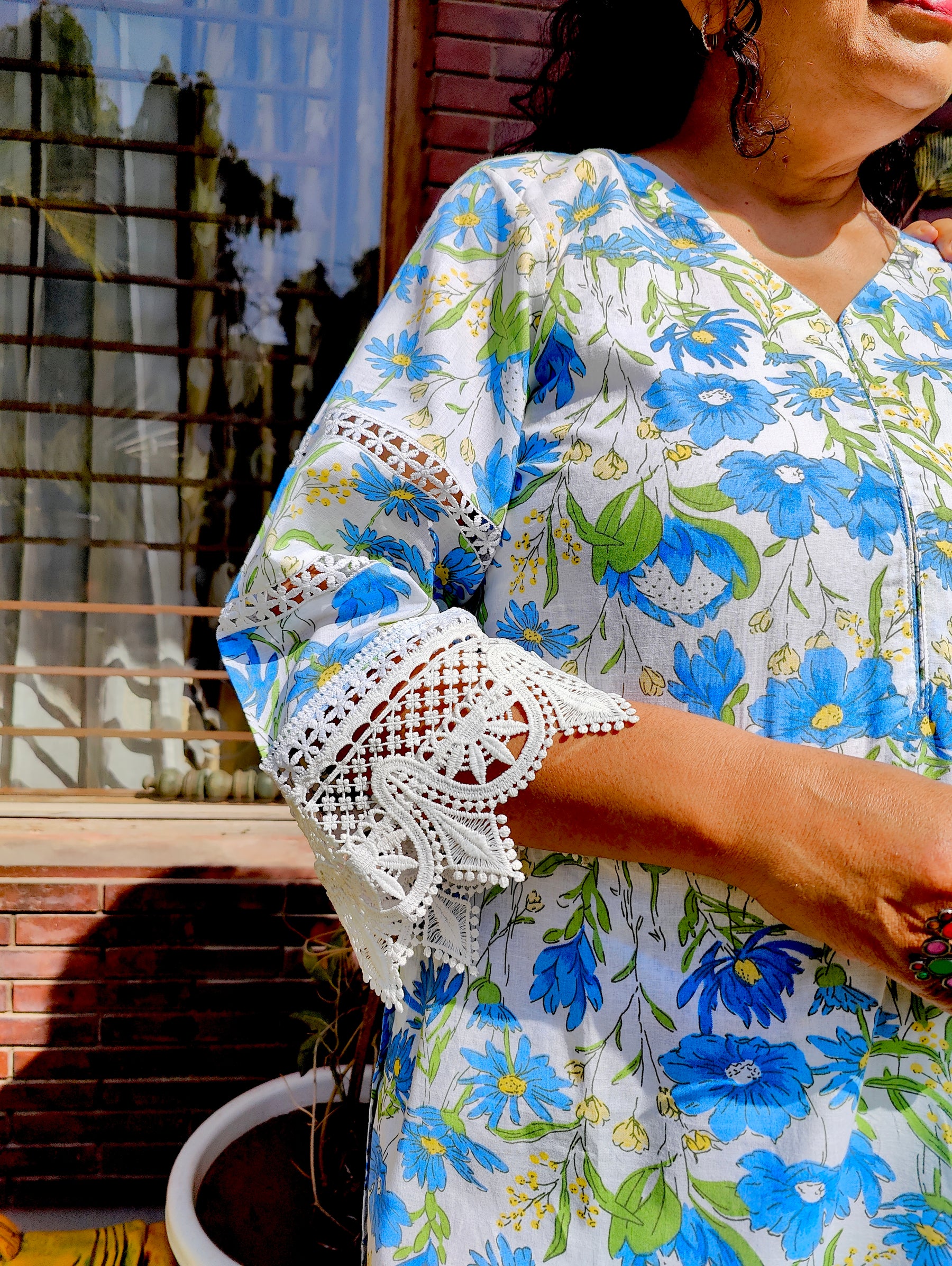 White Handblock Blue Floral Cotton Stitched Co-Ord Set