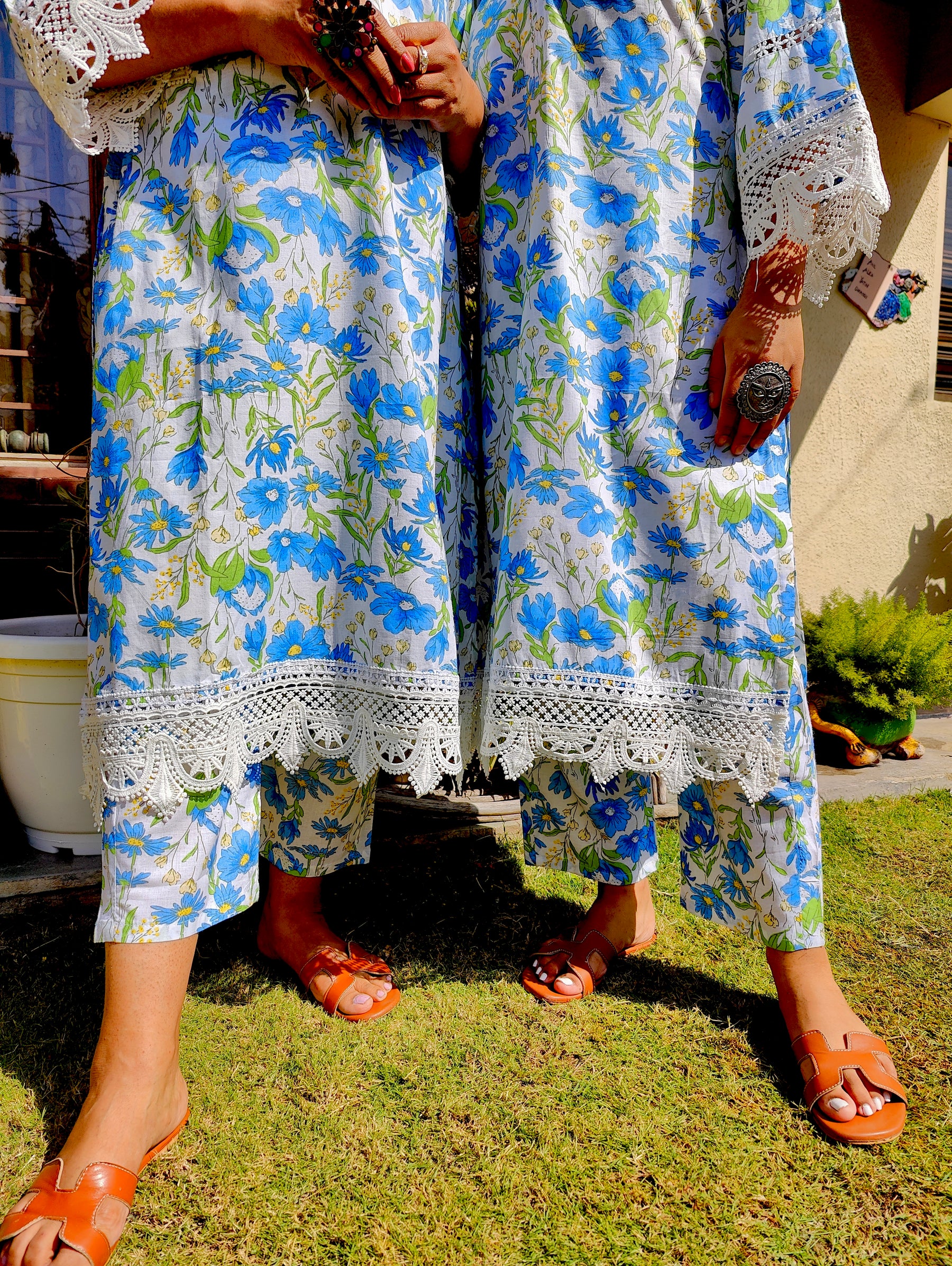 White Handblock Blue Floral Cotton Stitched Co-Ord Set