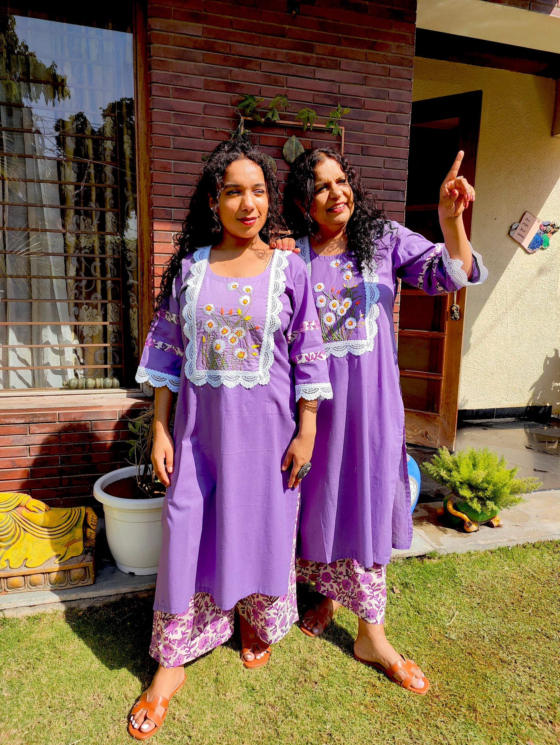Purple Hand Embroidered Cotton Stitched Co-Ord Set