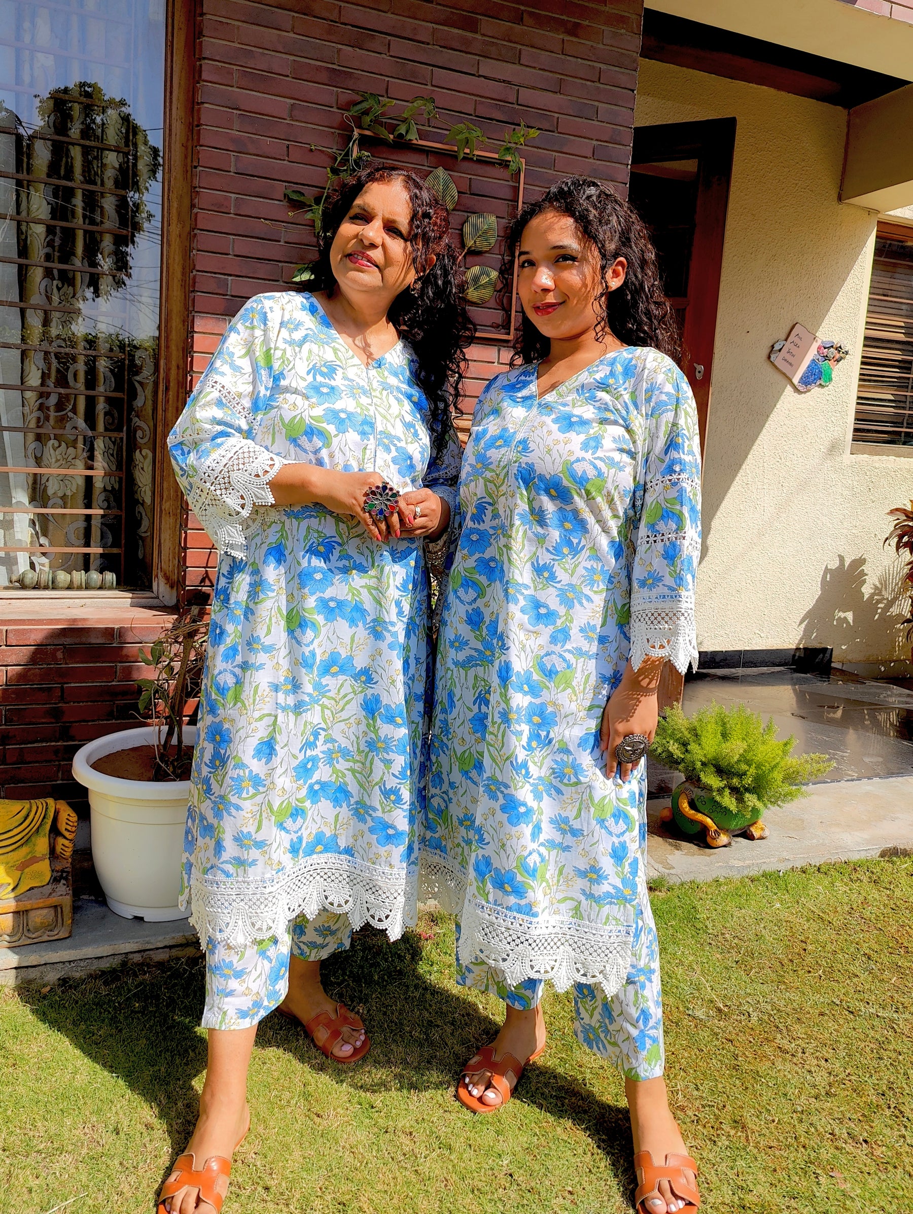 White Handblock Blue Floral Cotton Stitched Co-Ord Set