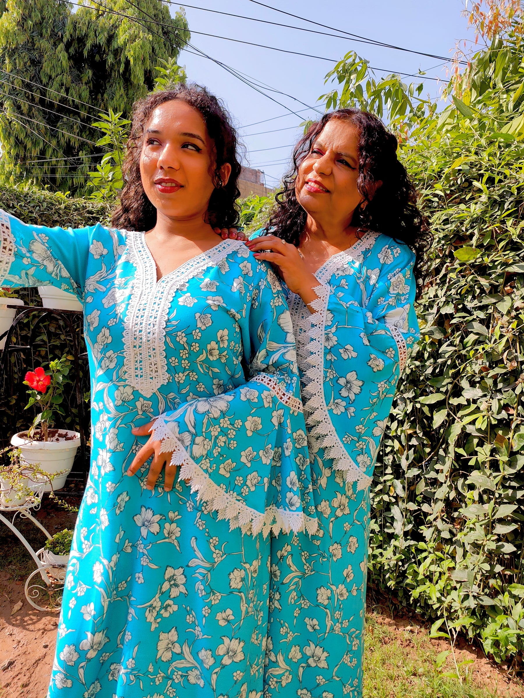 Sky Blue Handblock White Lace Cotton Stitched Co-Ord Set