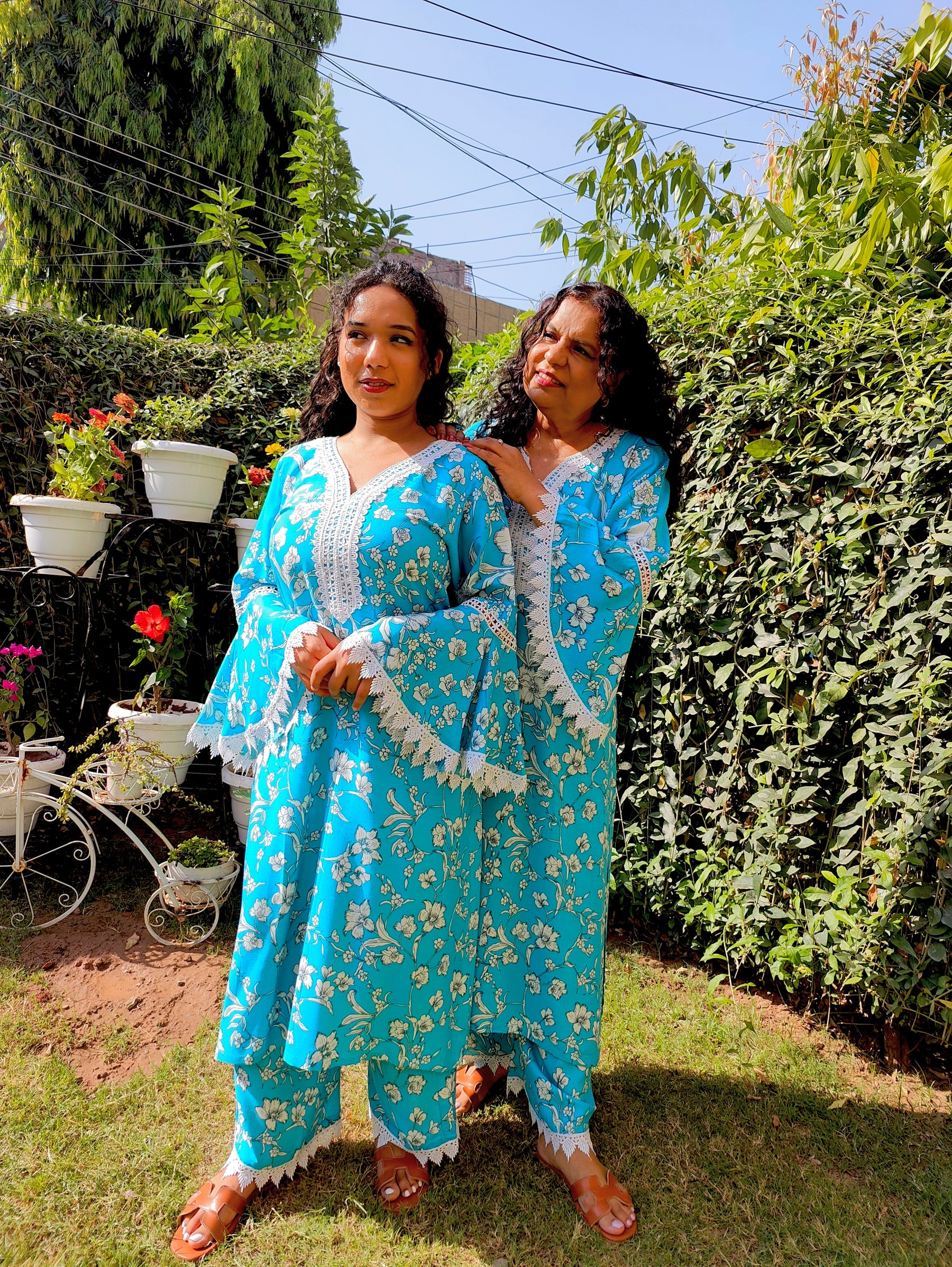 Sky Blue Handblock White Lace Cotton Stitched Co-Ord Set