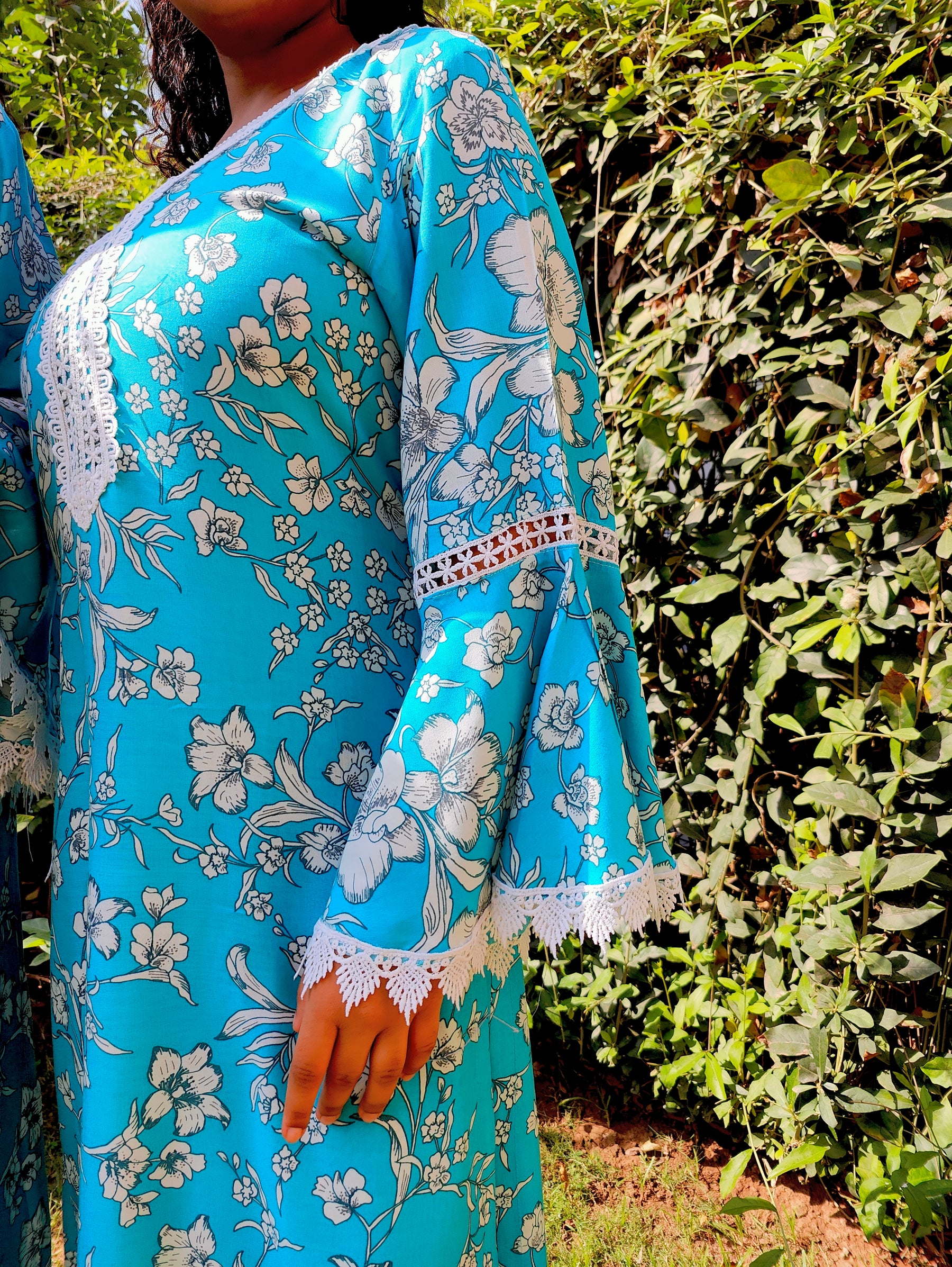 Sky Blue Handblock White Lace Cotton Stitched Co-Ord Set