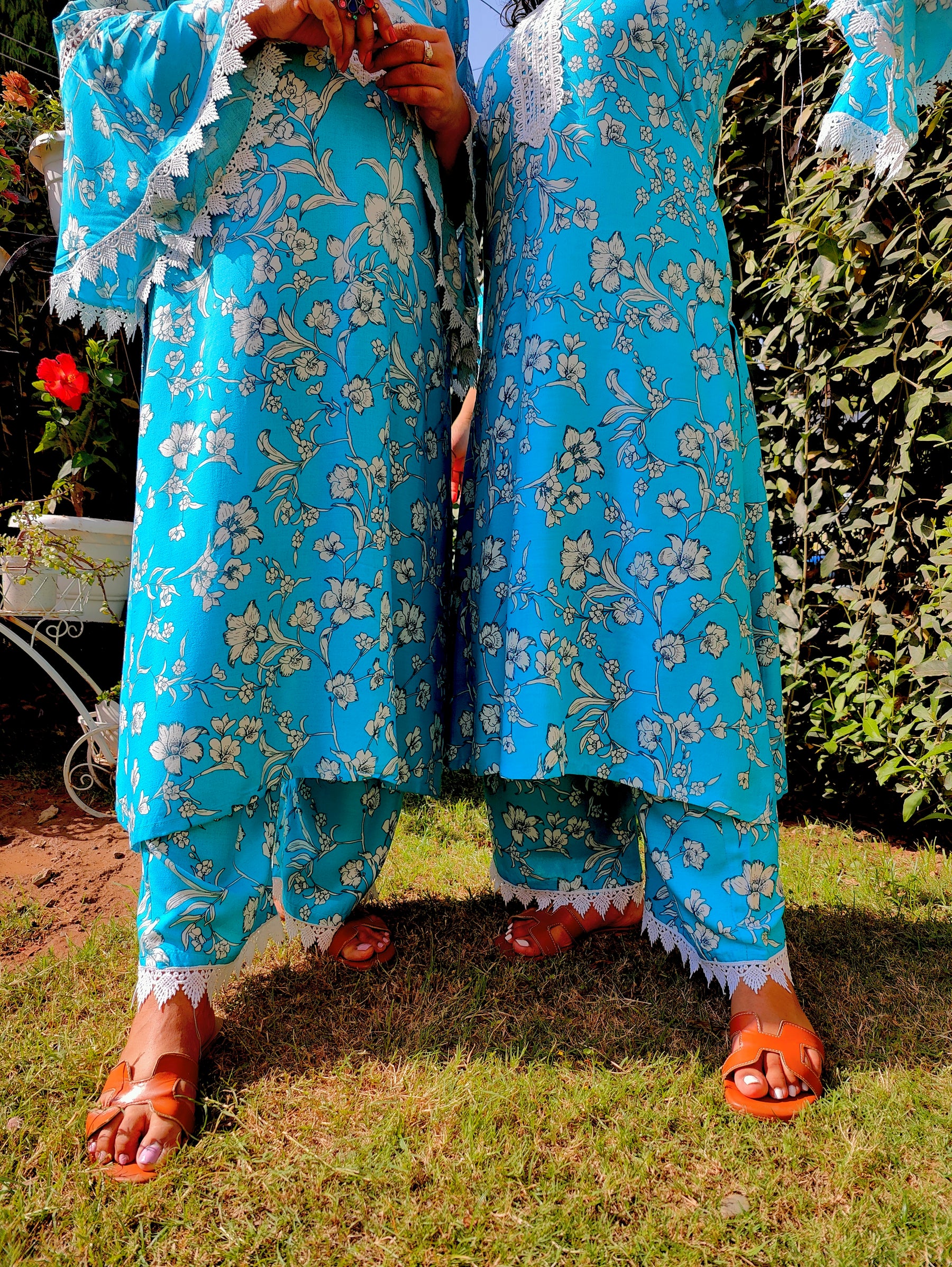 Sky Blue Handblock White Lace Cotton Stitched Co-Ord Set