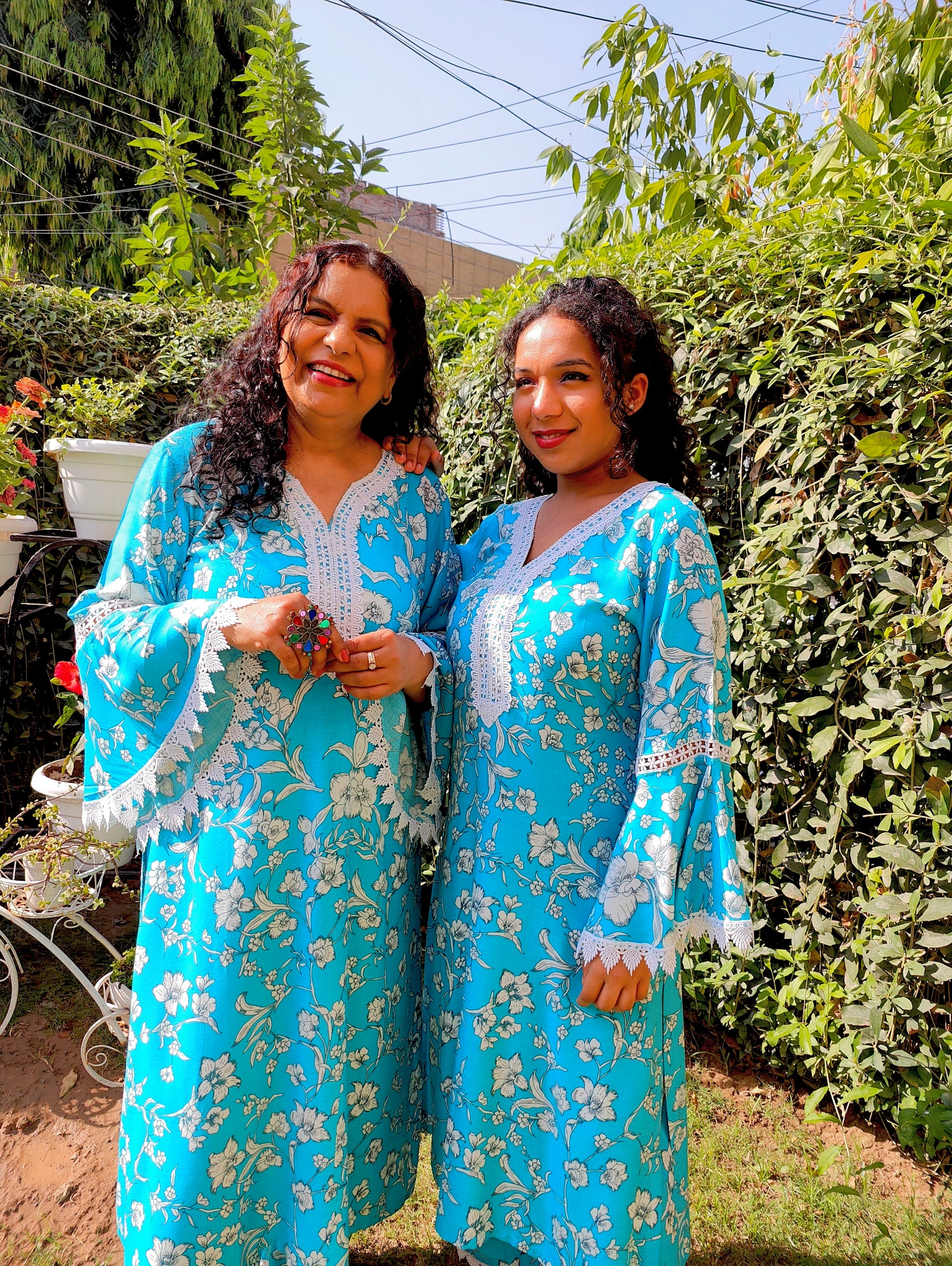 Sky Blue Handblock White Lace Cotton Stitched Co-Ord Set