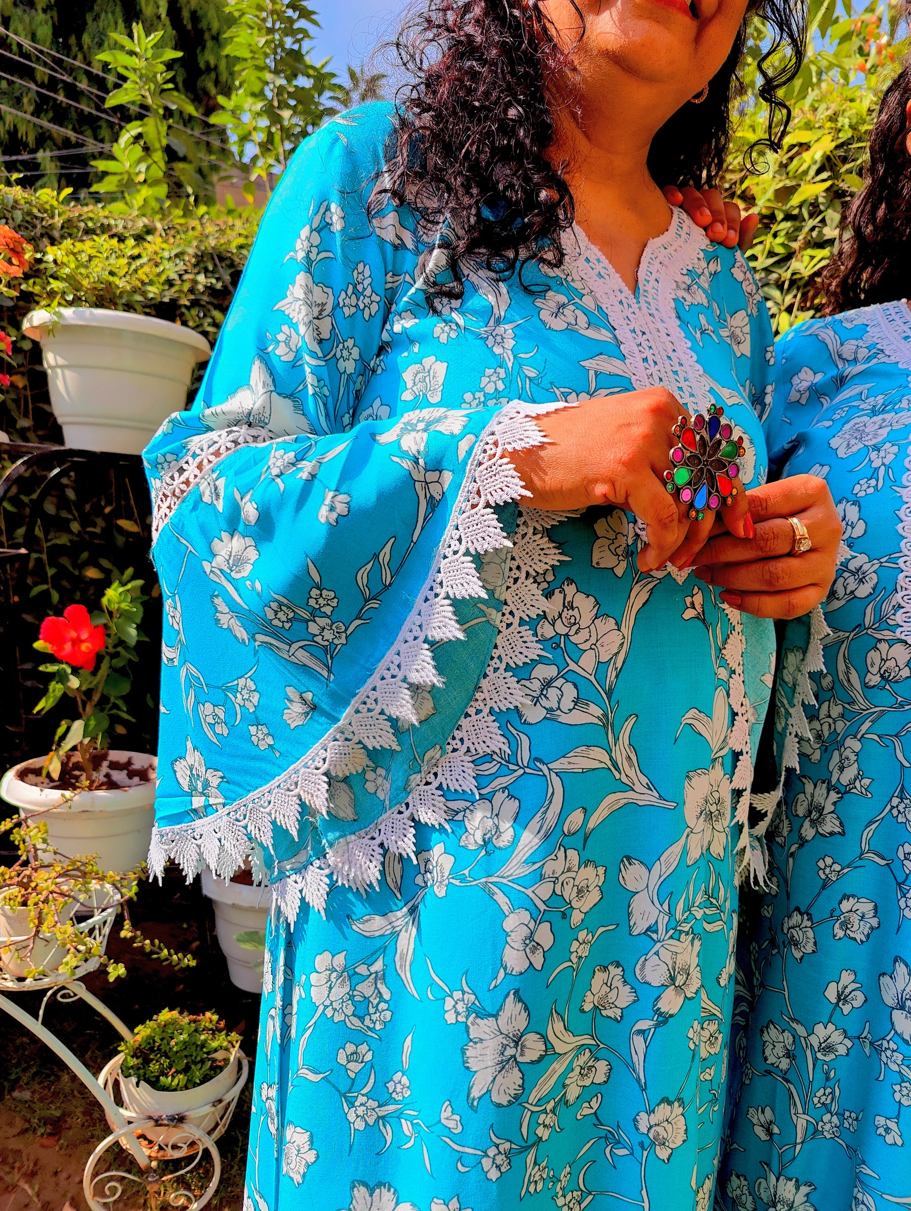 Sky Blue Handblock White Lace Cotton Stitched Co-Ord Set