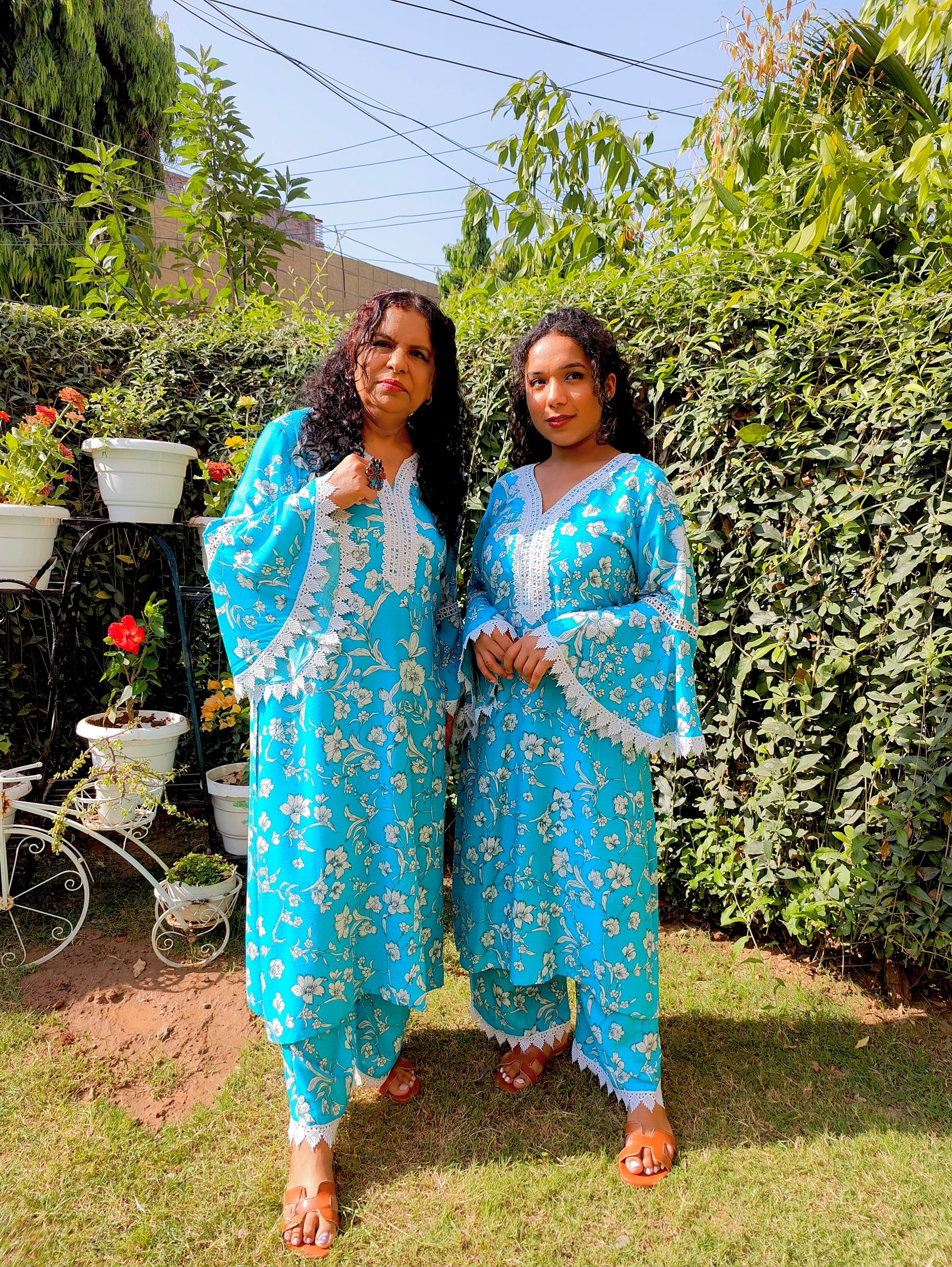 Sky Blue Handblock White Lace Cotton Stitched Co-Ord Set