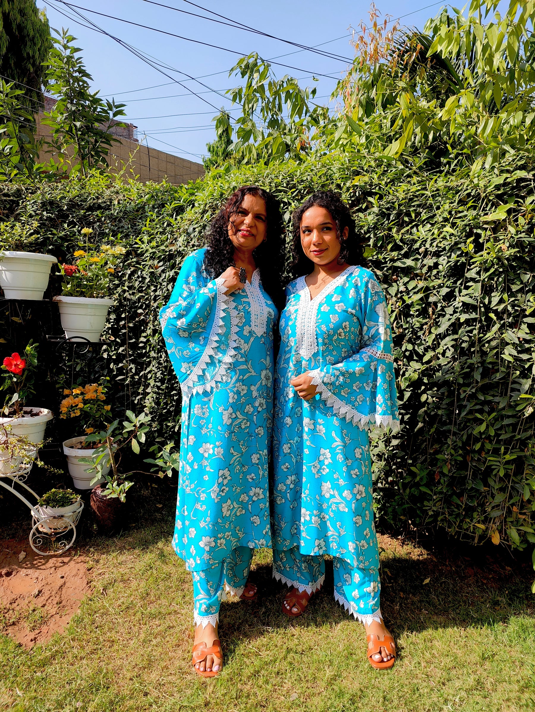 Sky Blue Handblock White Lace Cotton Stitched Co-Ord Set