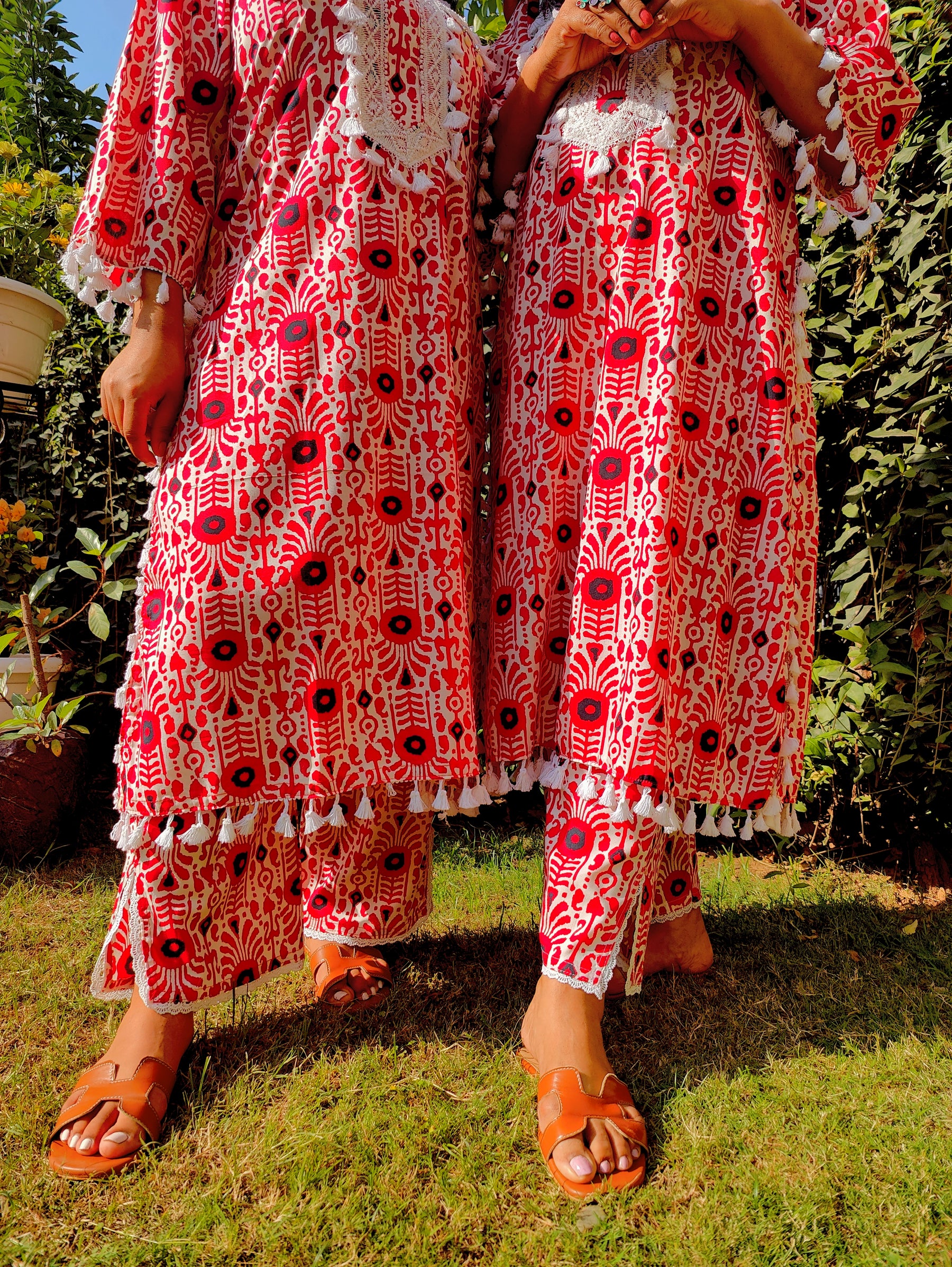 Red and White Tassels Lace Cotton Stitched Co-Ord Set