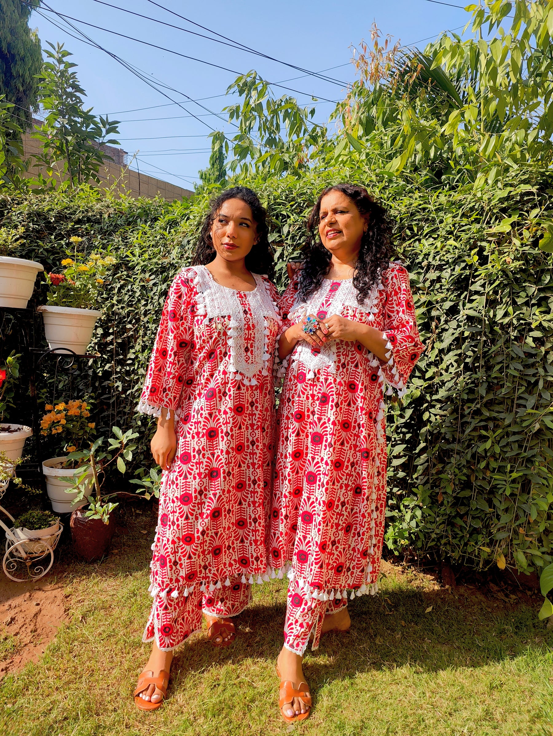 Red and White Tassels Lace Cotton Stitched Co-Ord Set