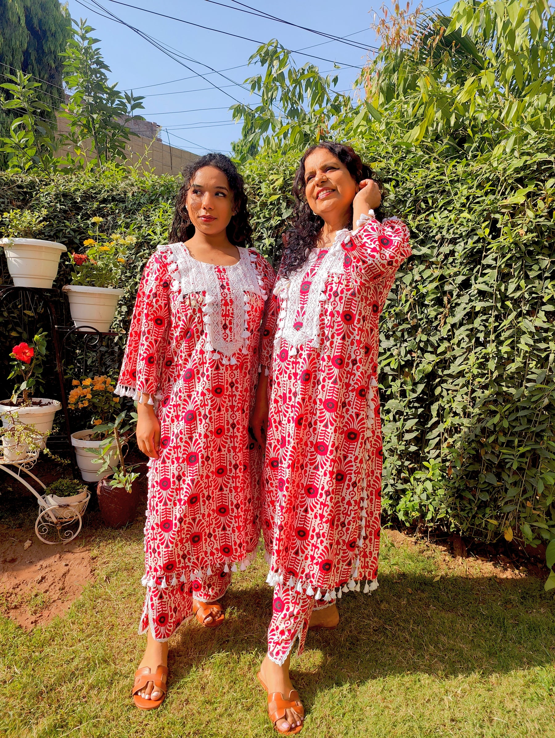 Red and White Tassels Lace Cotton Stitched Co-Ord Set