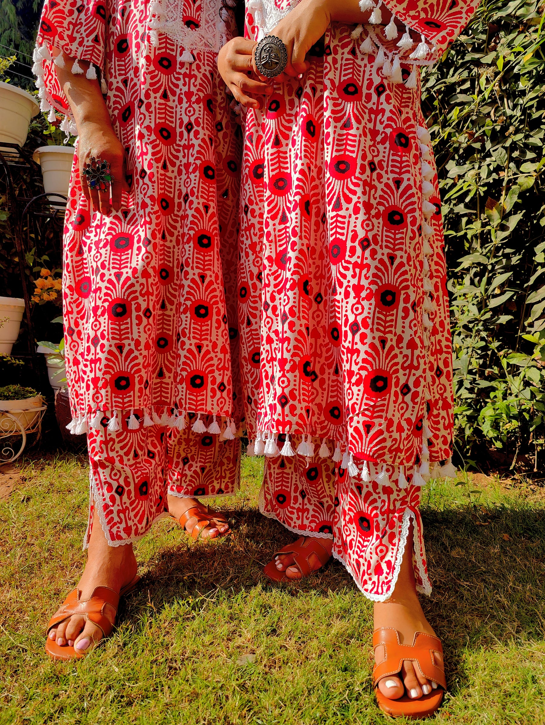 Red and White Tassels Lace Cotton Stitched Co-Ord Set