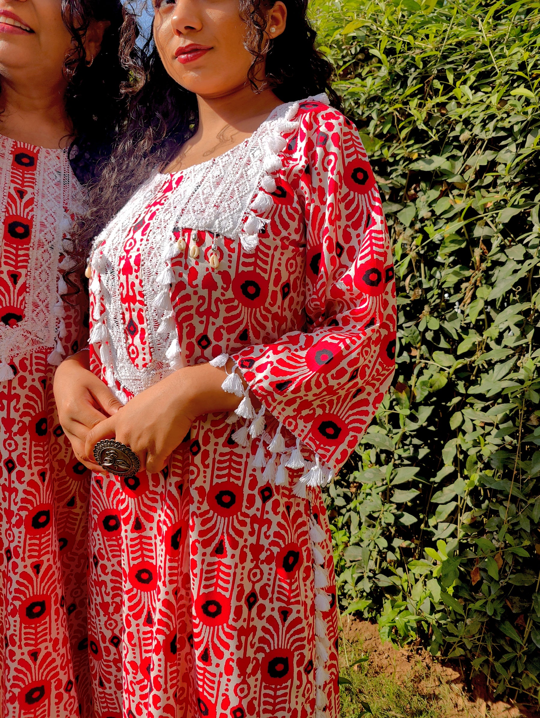 Red and White Tassels Lace Cotton Stitched Co-Ord Set