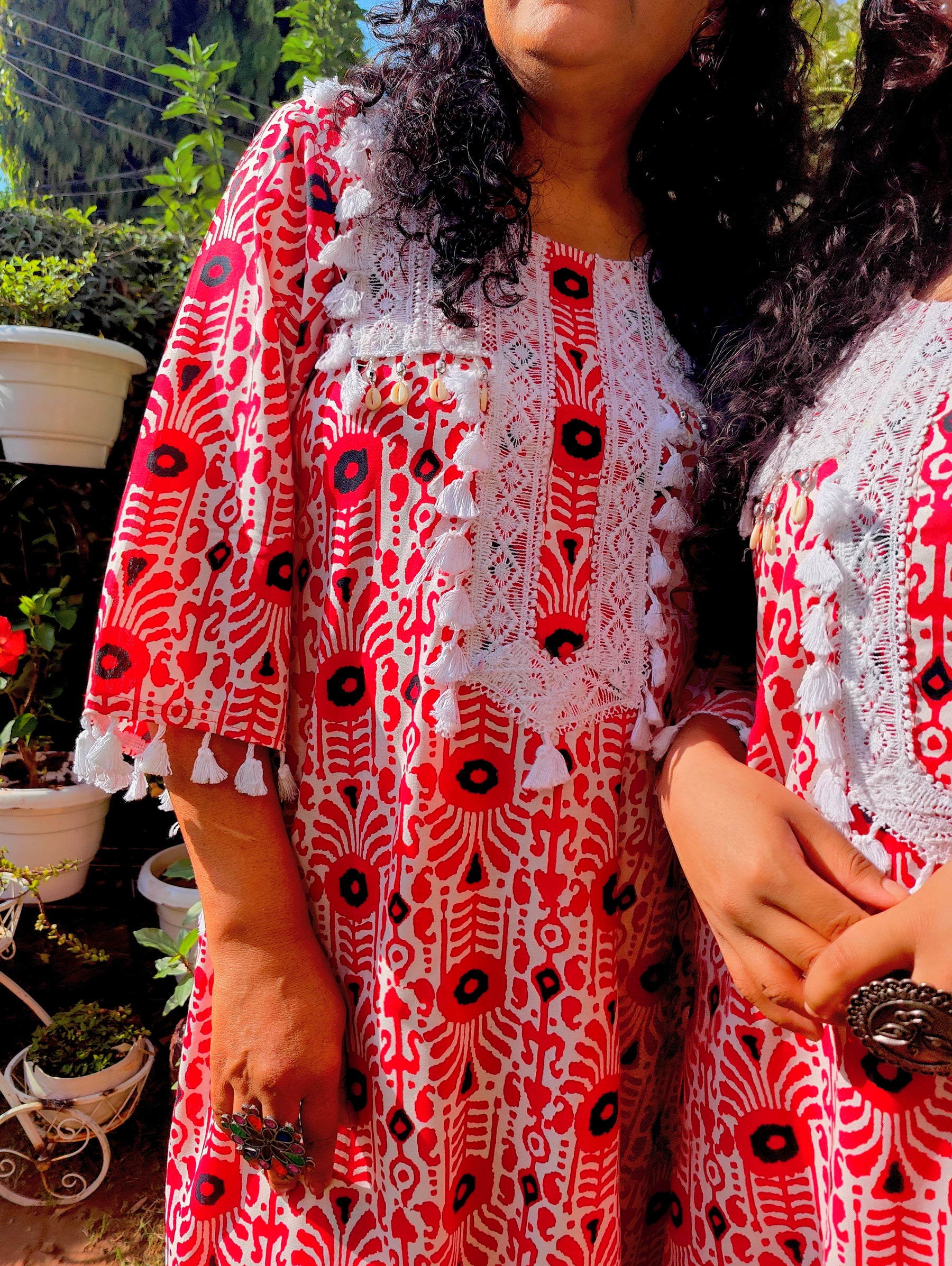 Red and White Tassels Lace Cotton Stitched Co-Ord Set