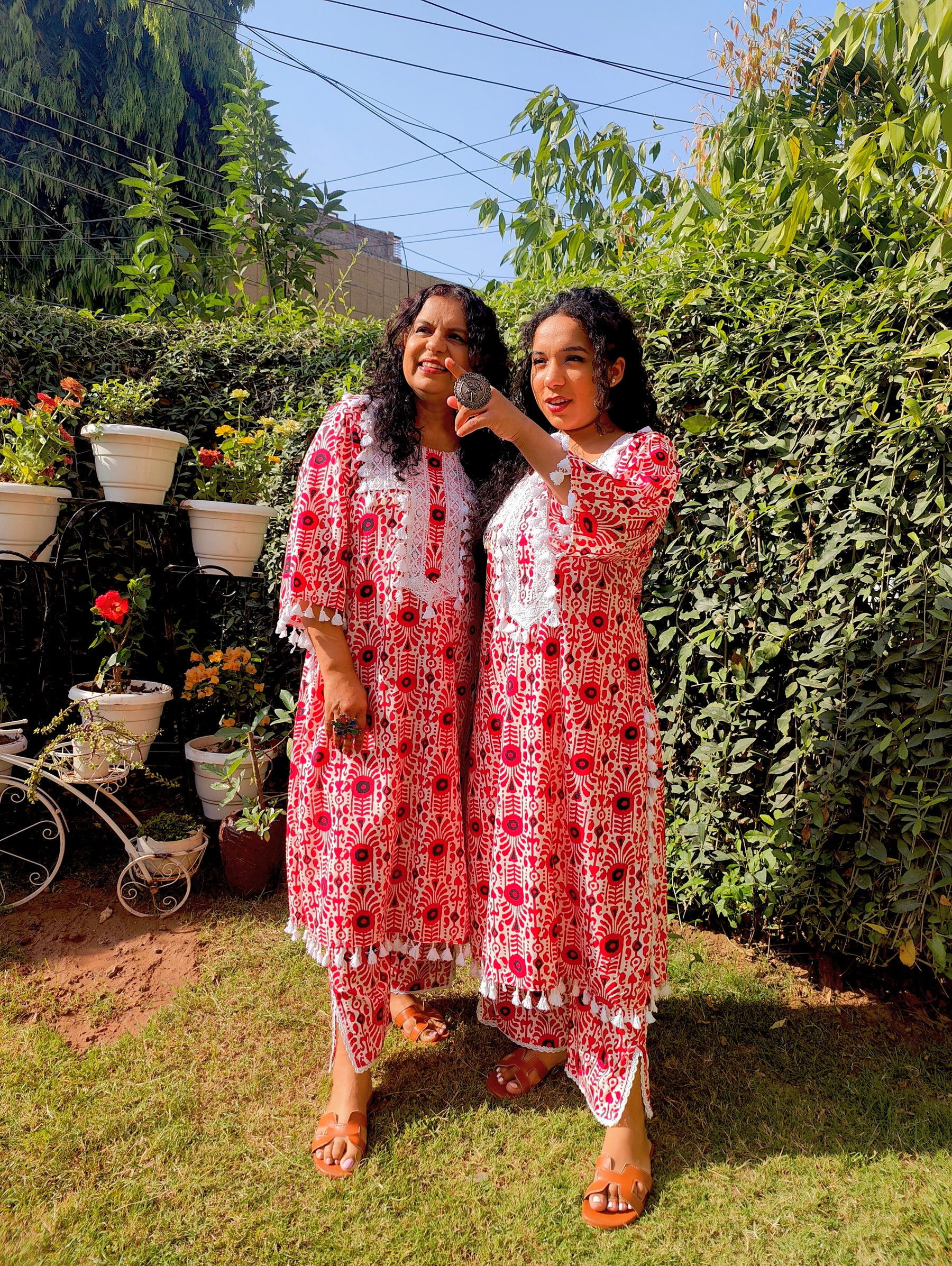Red and White Tassels Lace Cotton Stitched Co-Ord Set