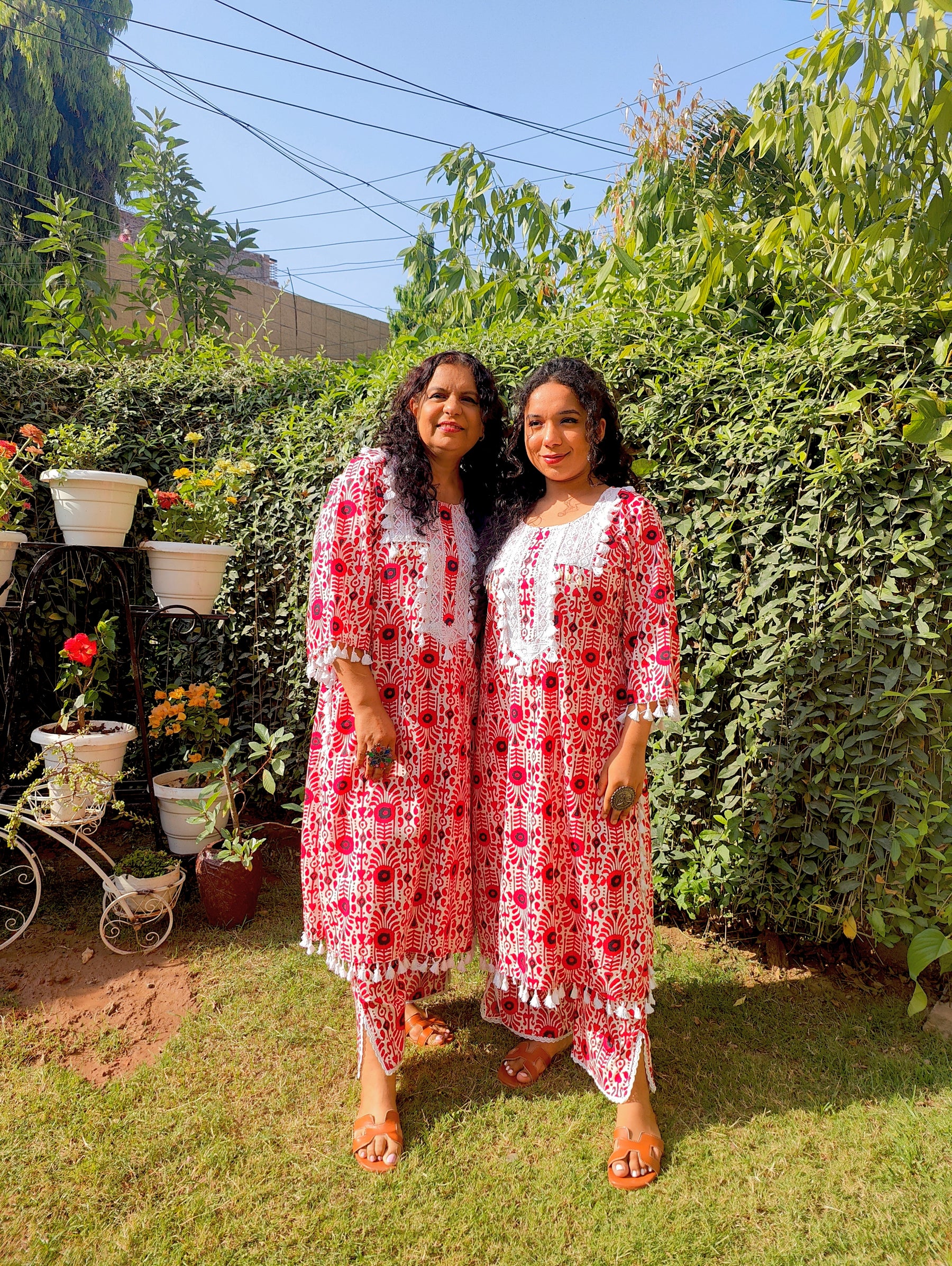 Red and White Tassels Lace Cotton Stitched Co-Ord Set