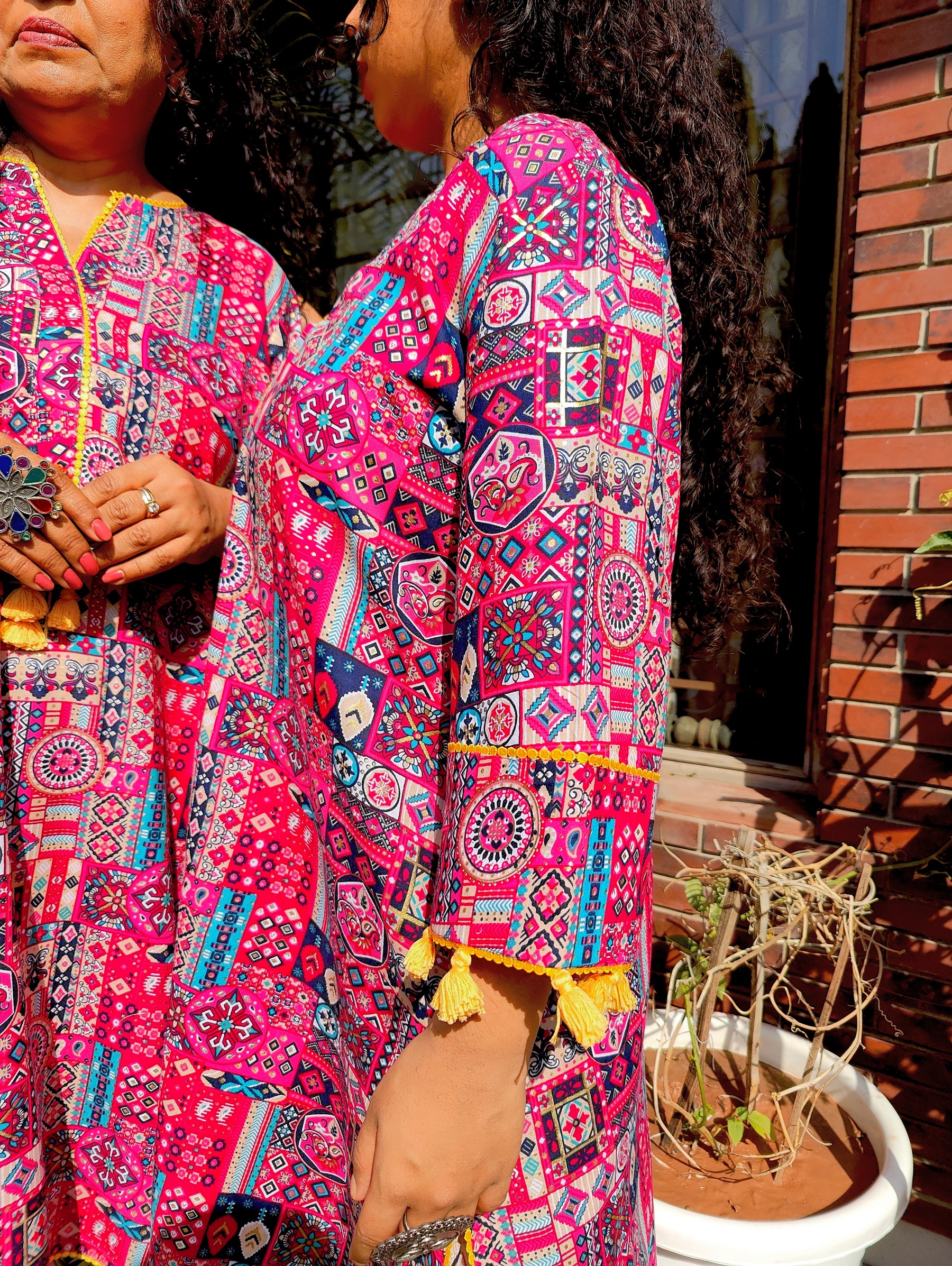 Multi-coloured yellow Lace Cotton Stitched Co-Ord Set