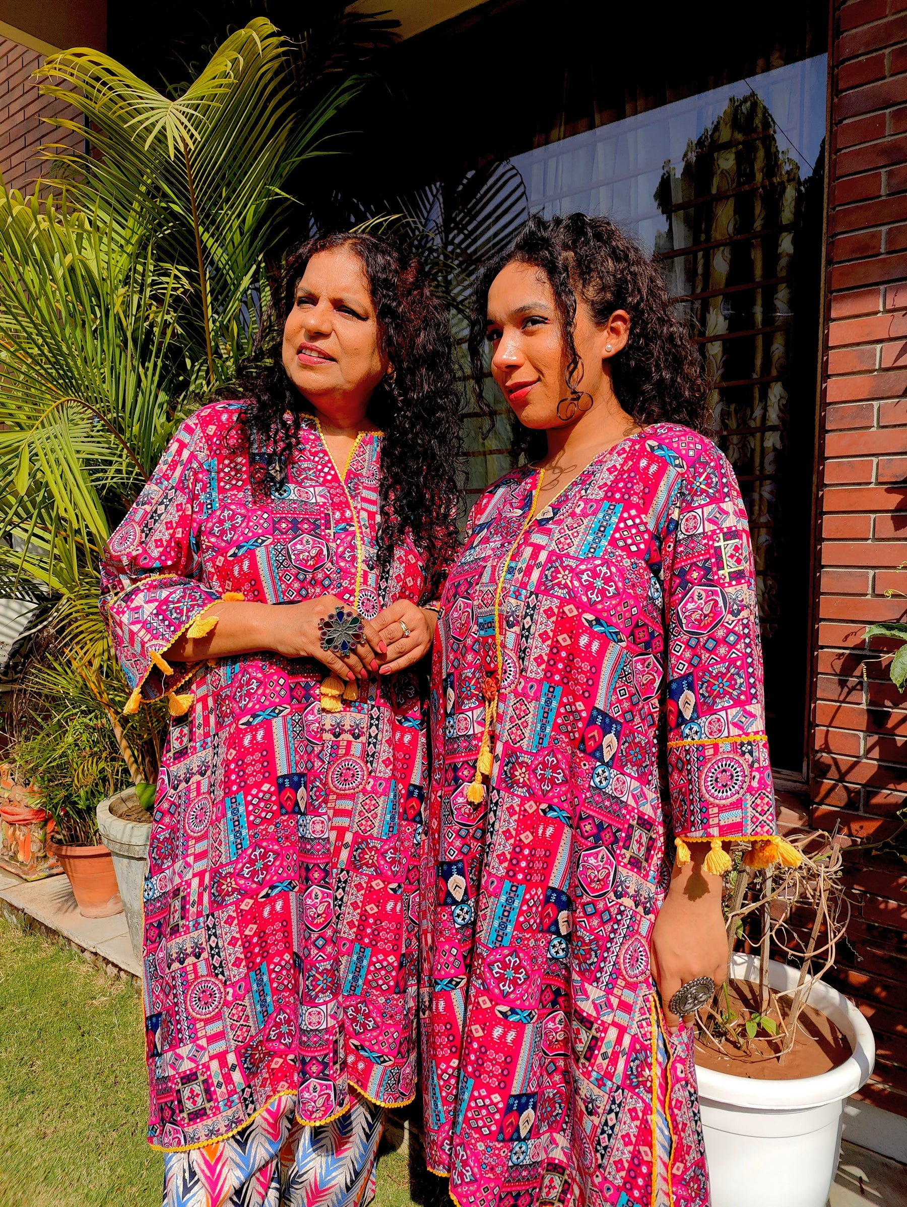 Multi-coloured yellow Lace Cotton Stitched Co-Ord Set