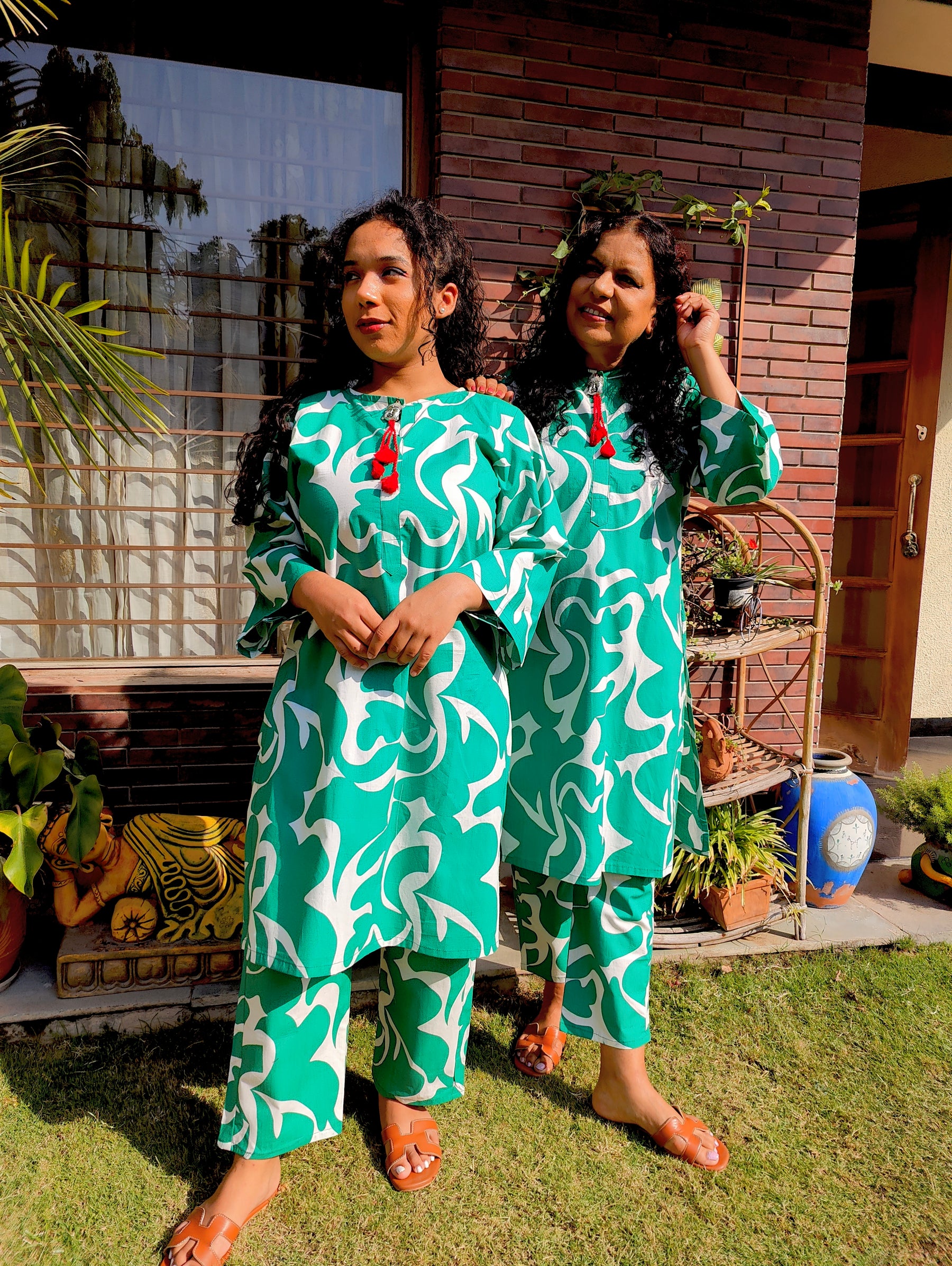 Green and White Digital Printed Cotton Stitched Co-Ord Set