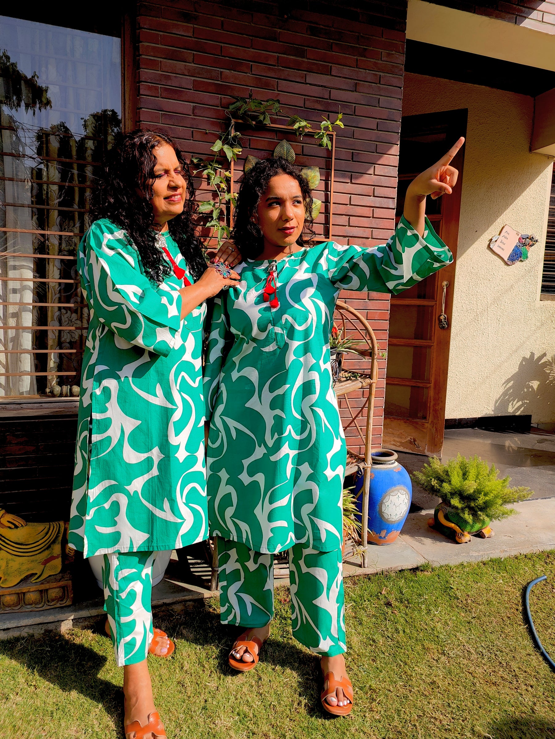 Green and White Digital Printed Cotton Stitched Co-Ord Set