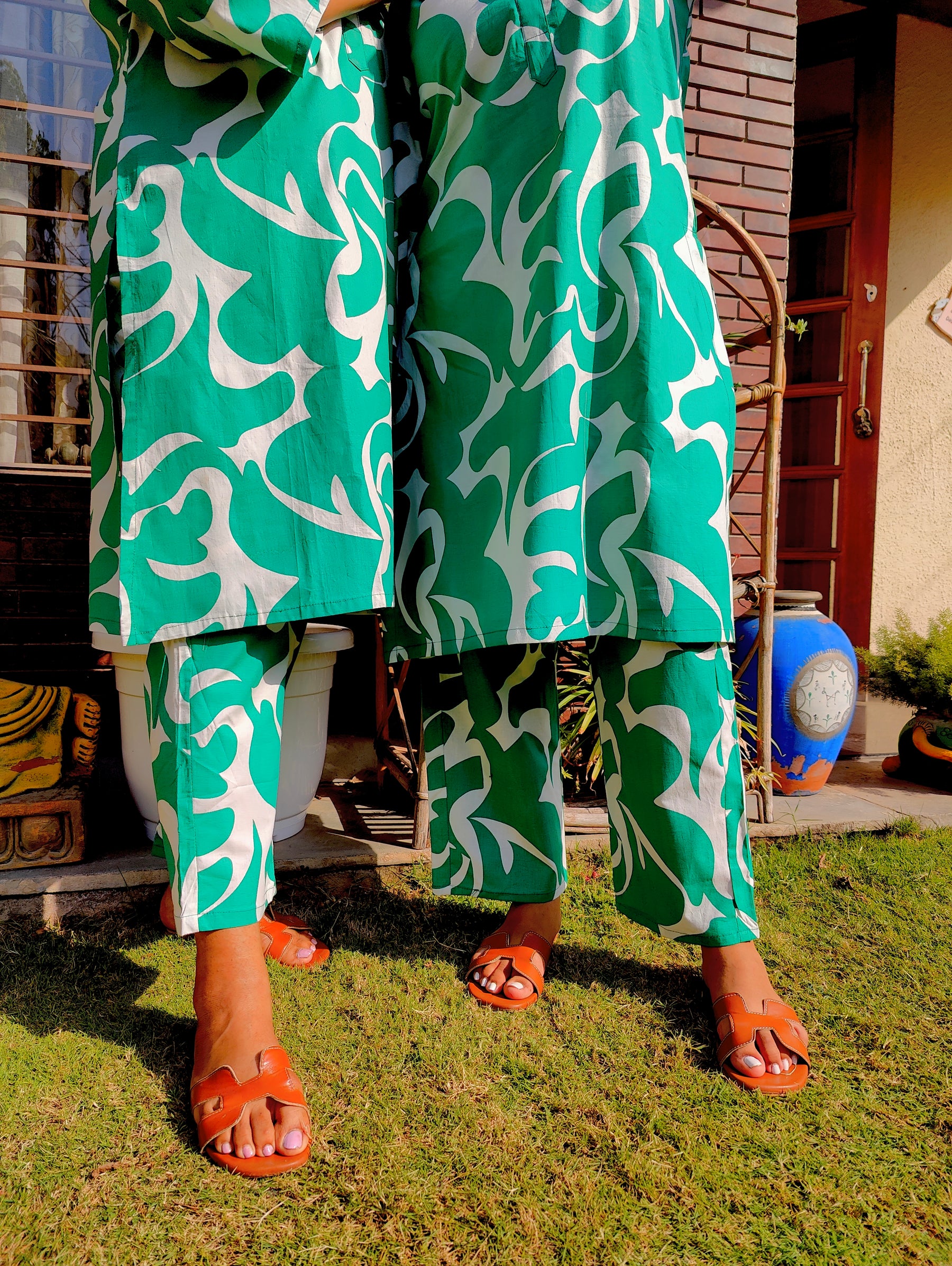 Green and White Digital Printed Cotton Stitched Co-Ord Set