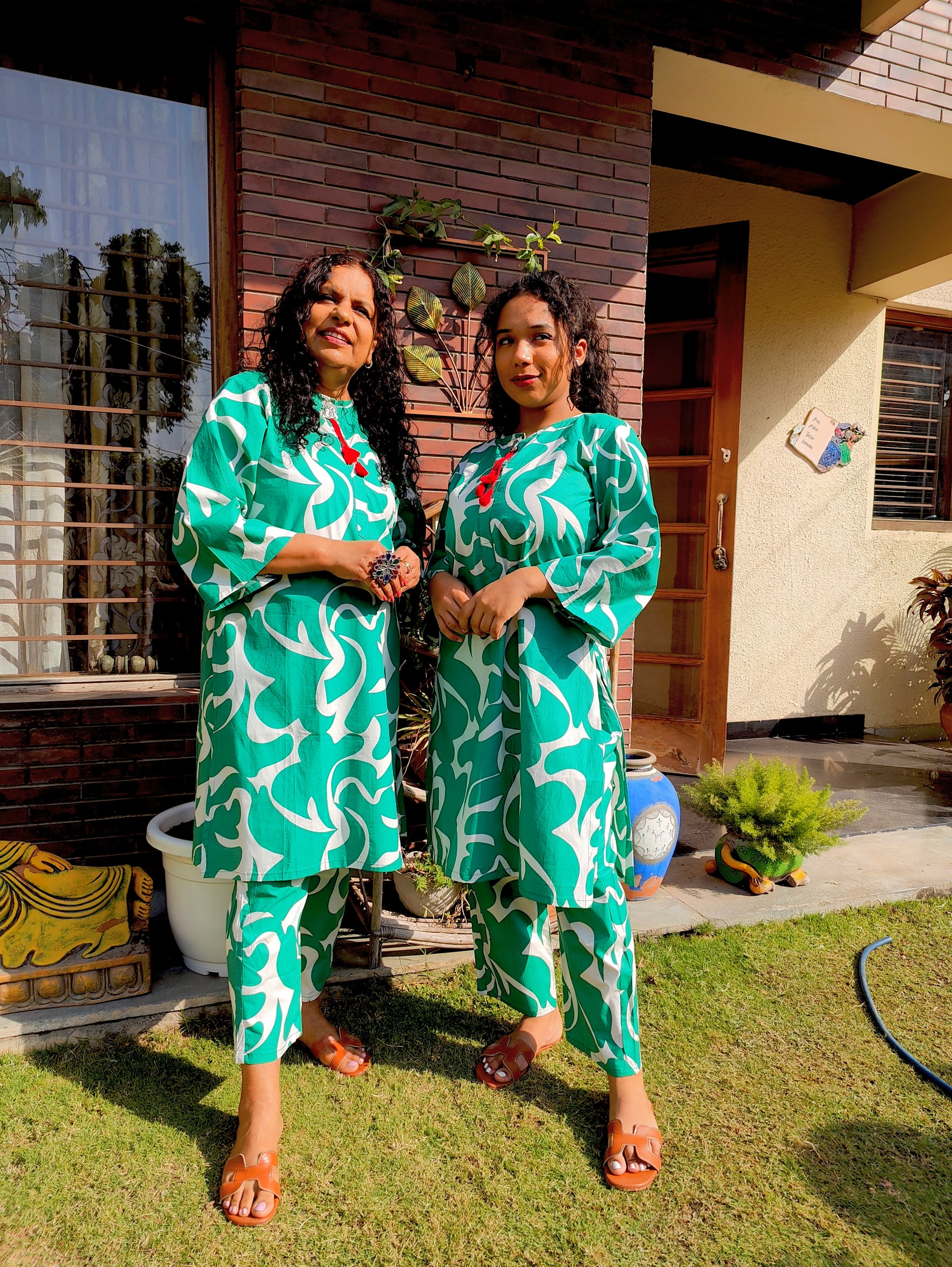 Green and White Digital Printed Cotton Stitched Co-Ord Set