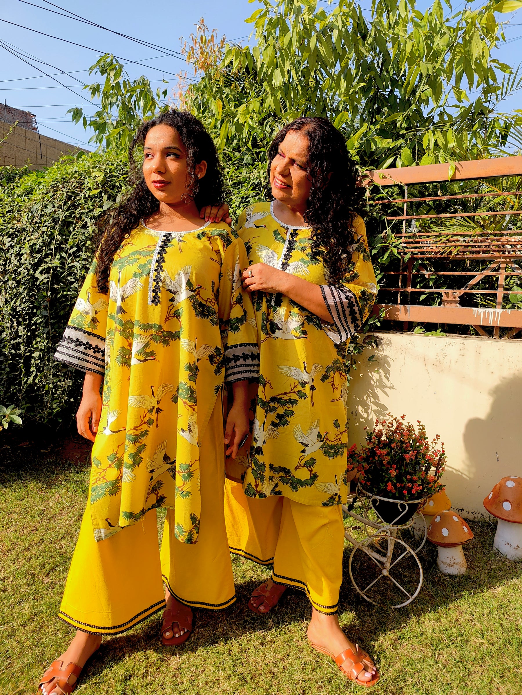 Yellow Digital Printed Cotton Lace Stitched Co-Ord Set