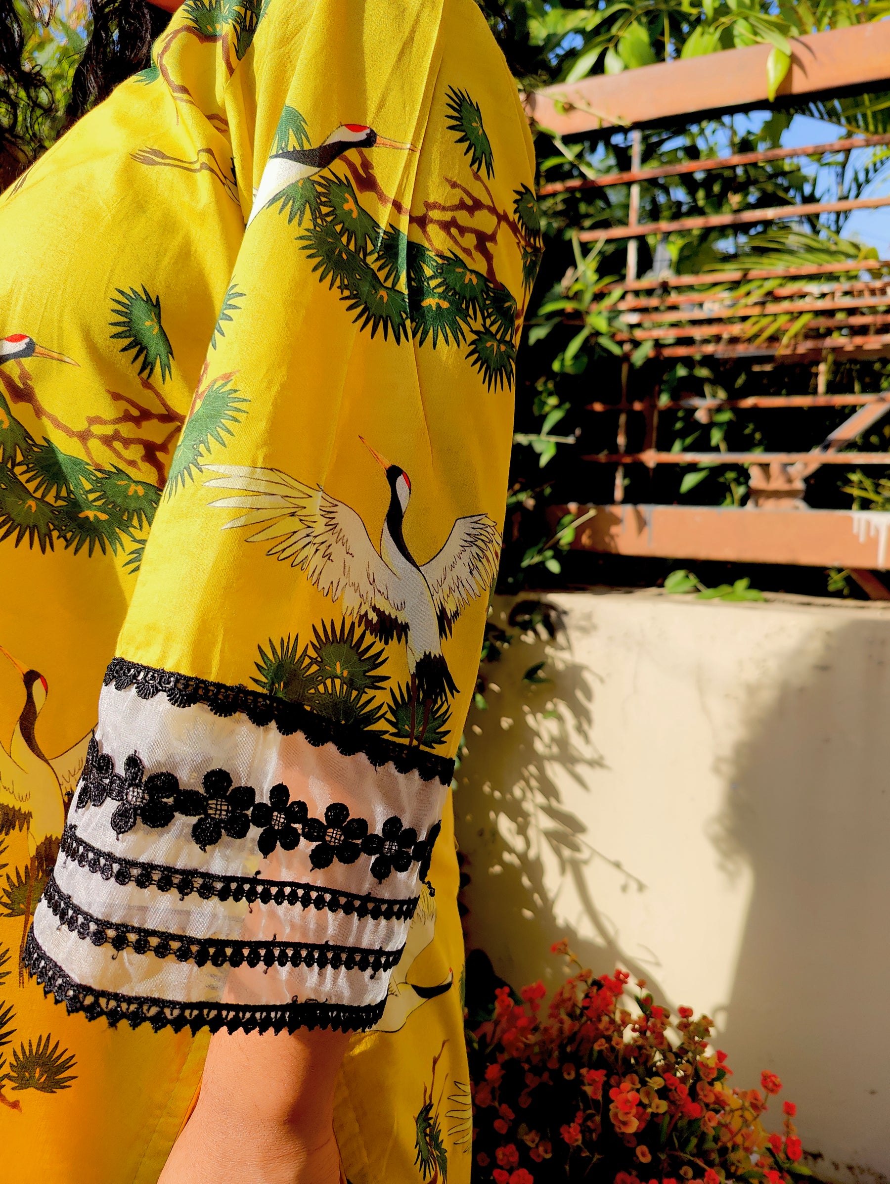 Yellow Digital Printed Cotton Lace Stitched Co-Ord Set