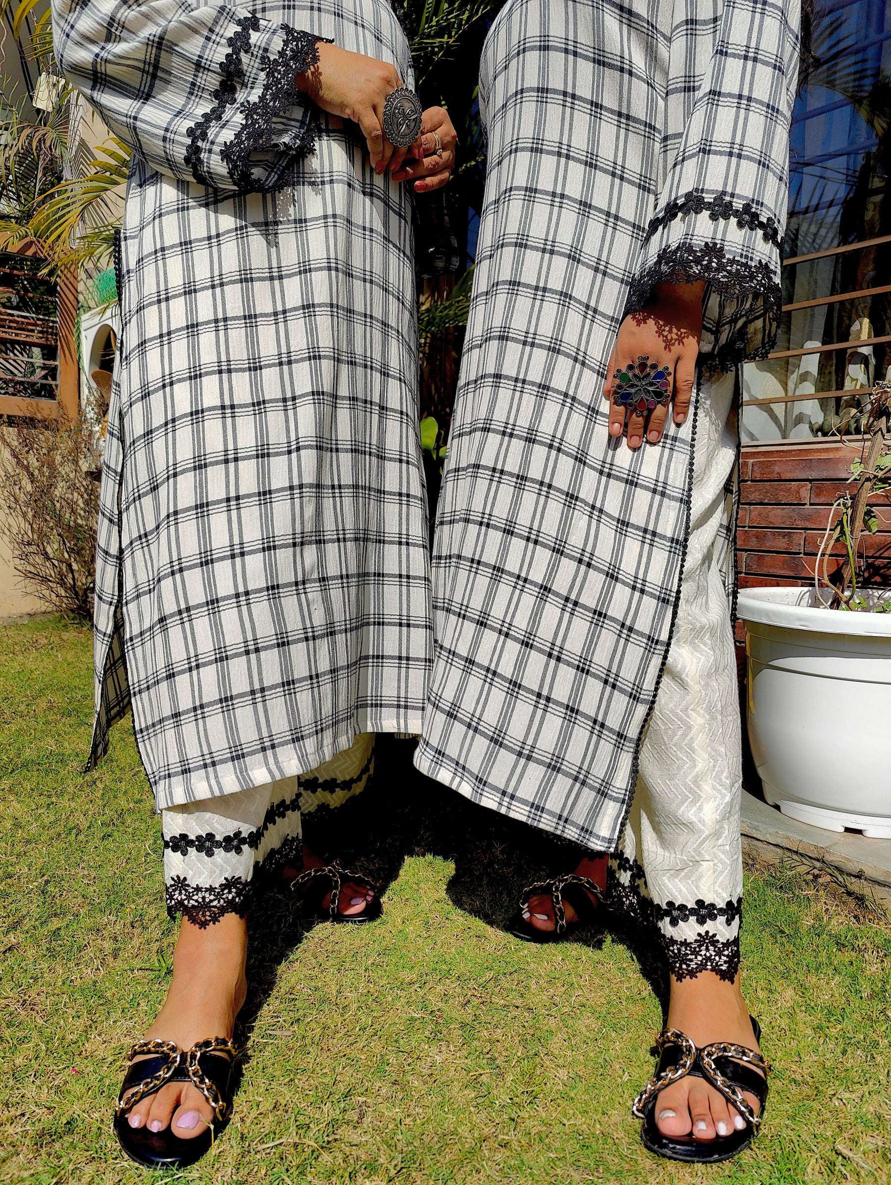 Black and White Checkred Cotton Stitched Co-Ord Set