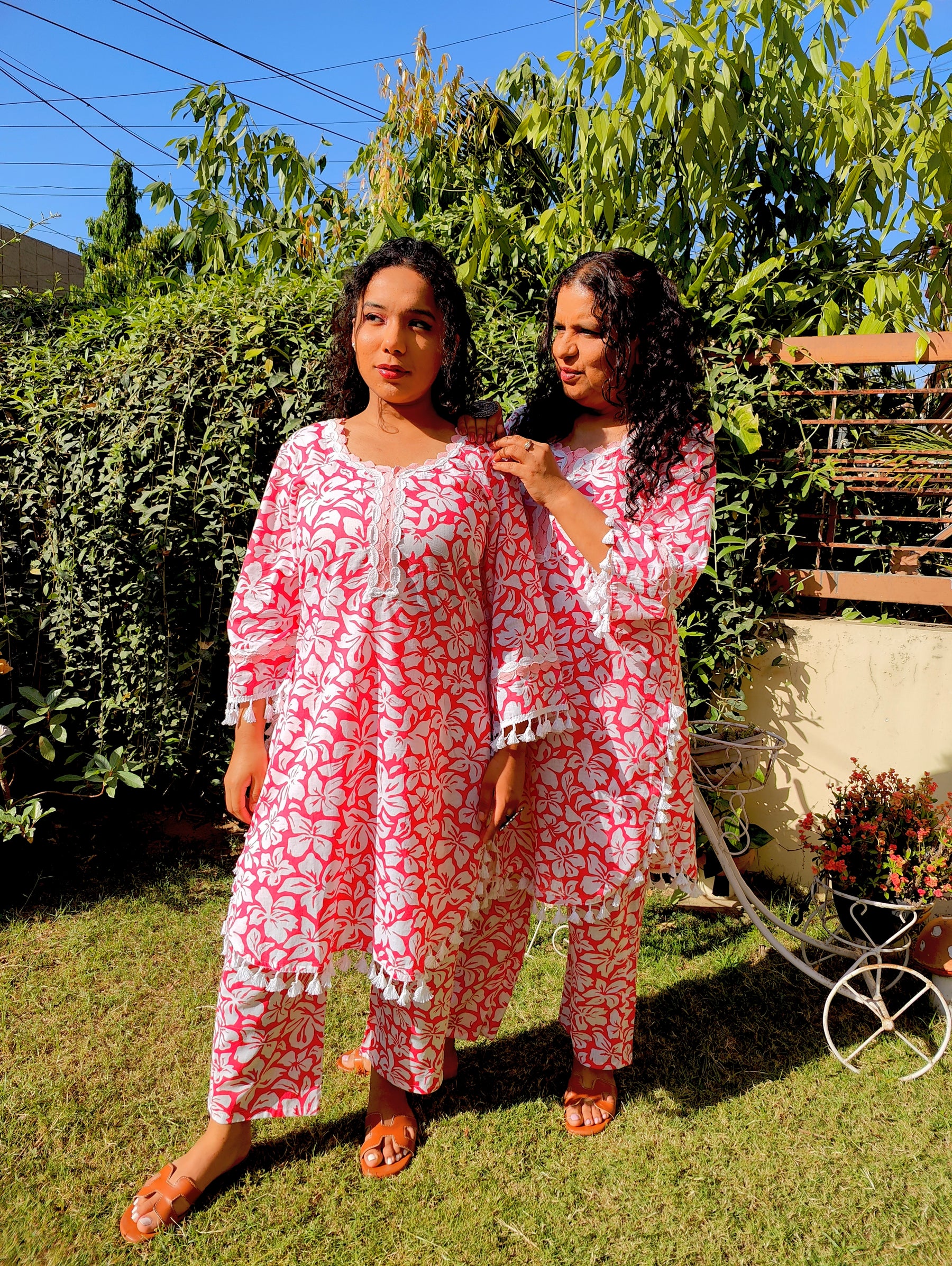 Peach Handblock White Lace Cotton Stitched Co-Ord Set