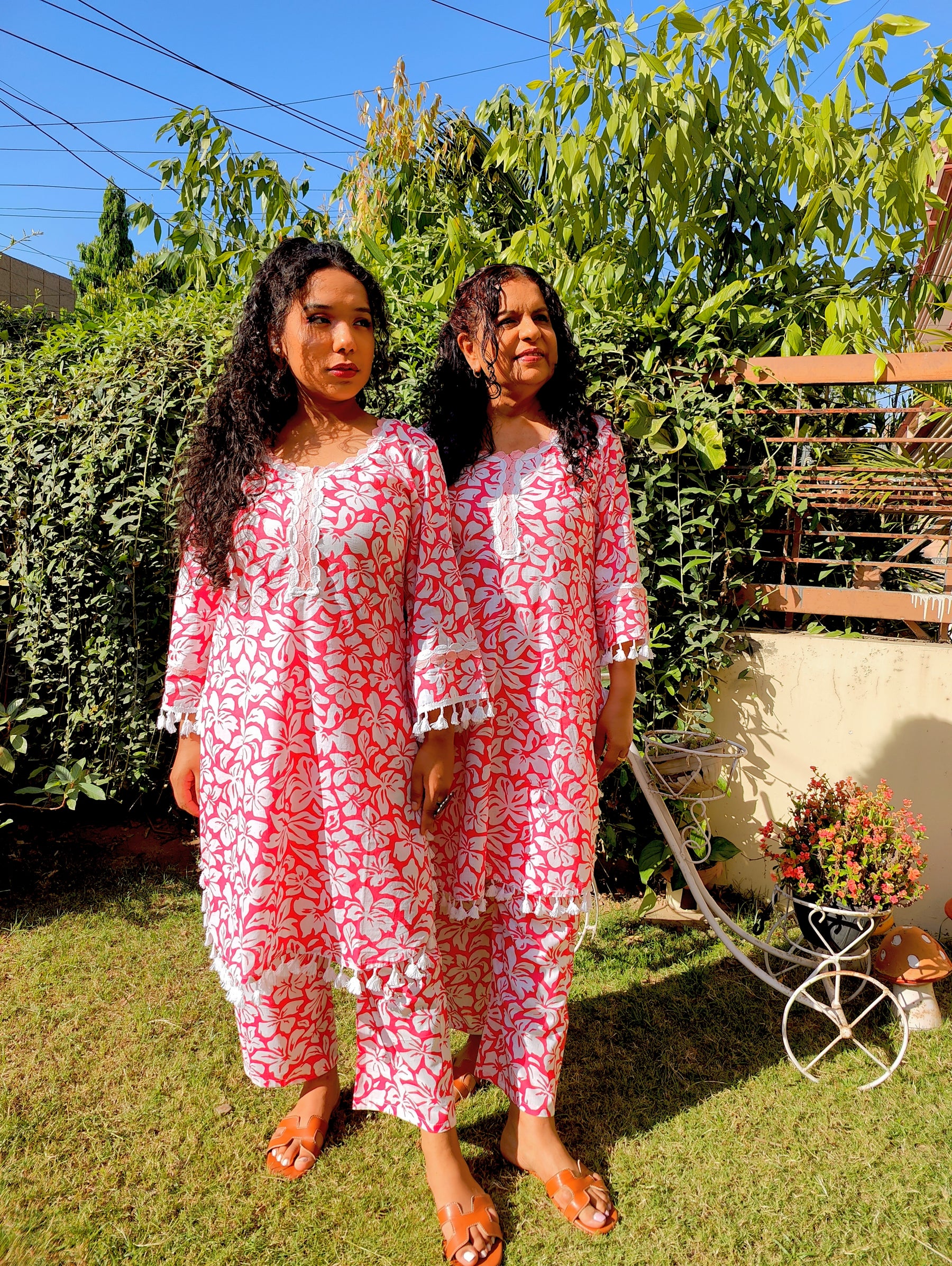 Peach Handblock White Lace Cotton Stitched Co-Ord Set