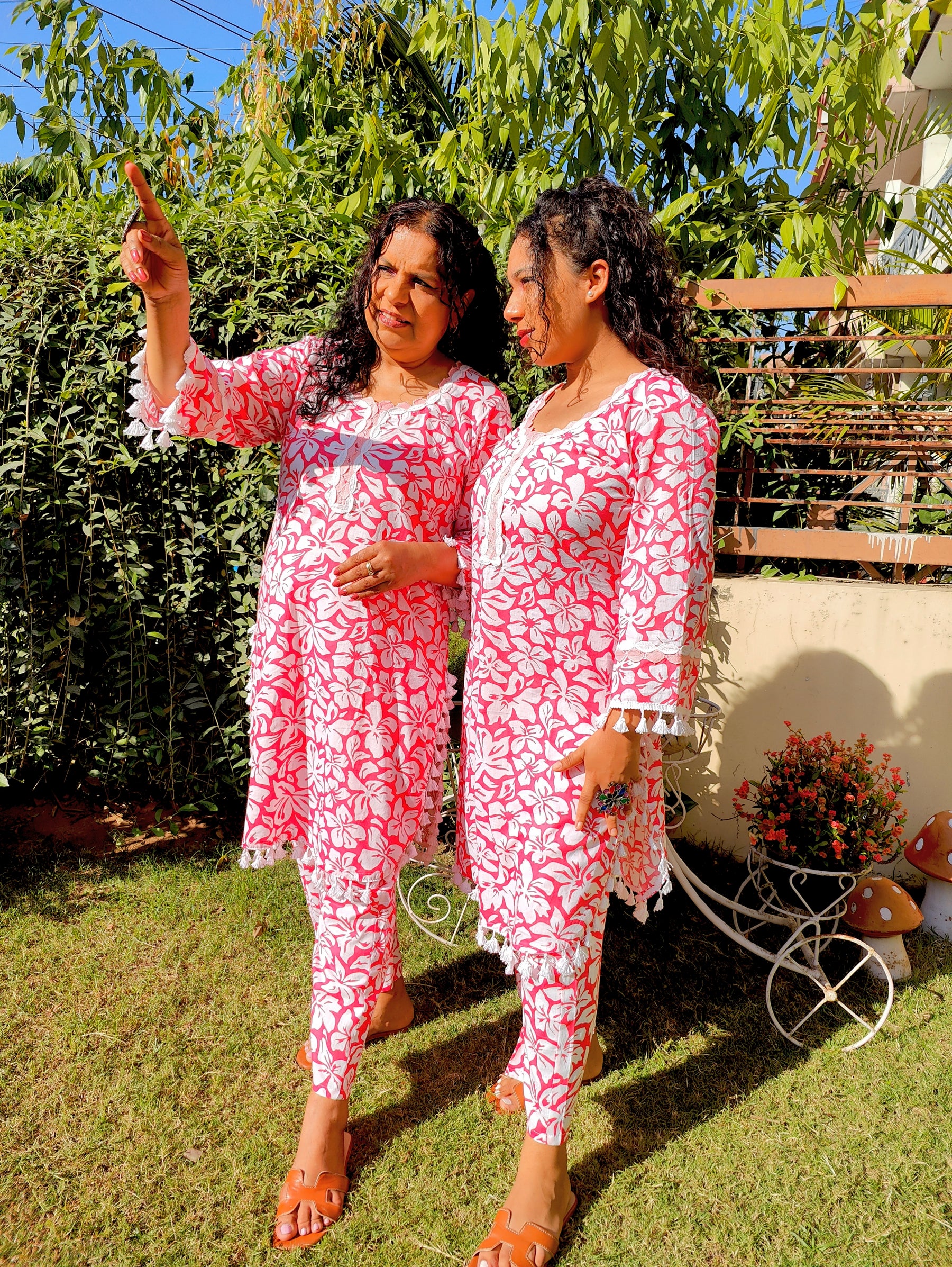 Peach Handblock White Lace Cotton Stitched Co-Ord Set