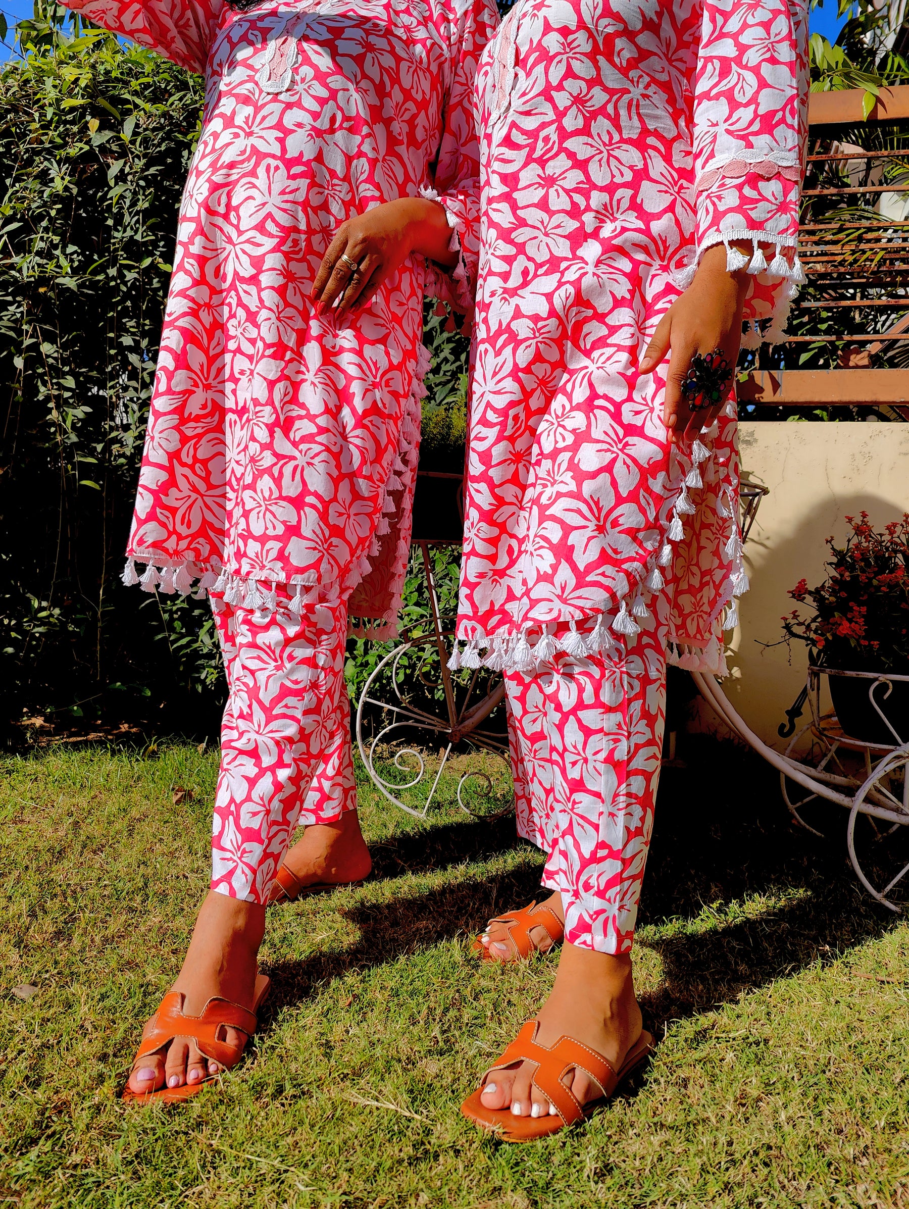 Peach Handblock White Lace Cotton Stitched Co-Ord Set