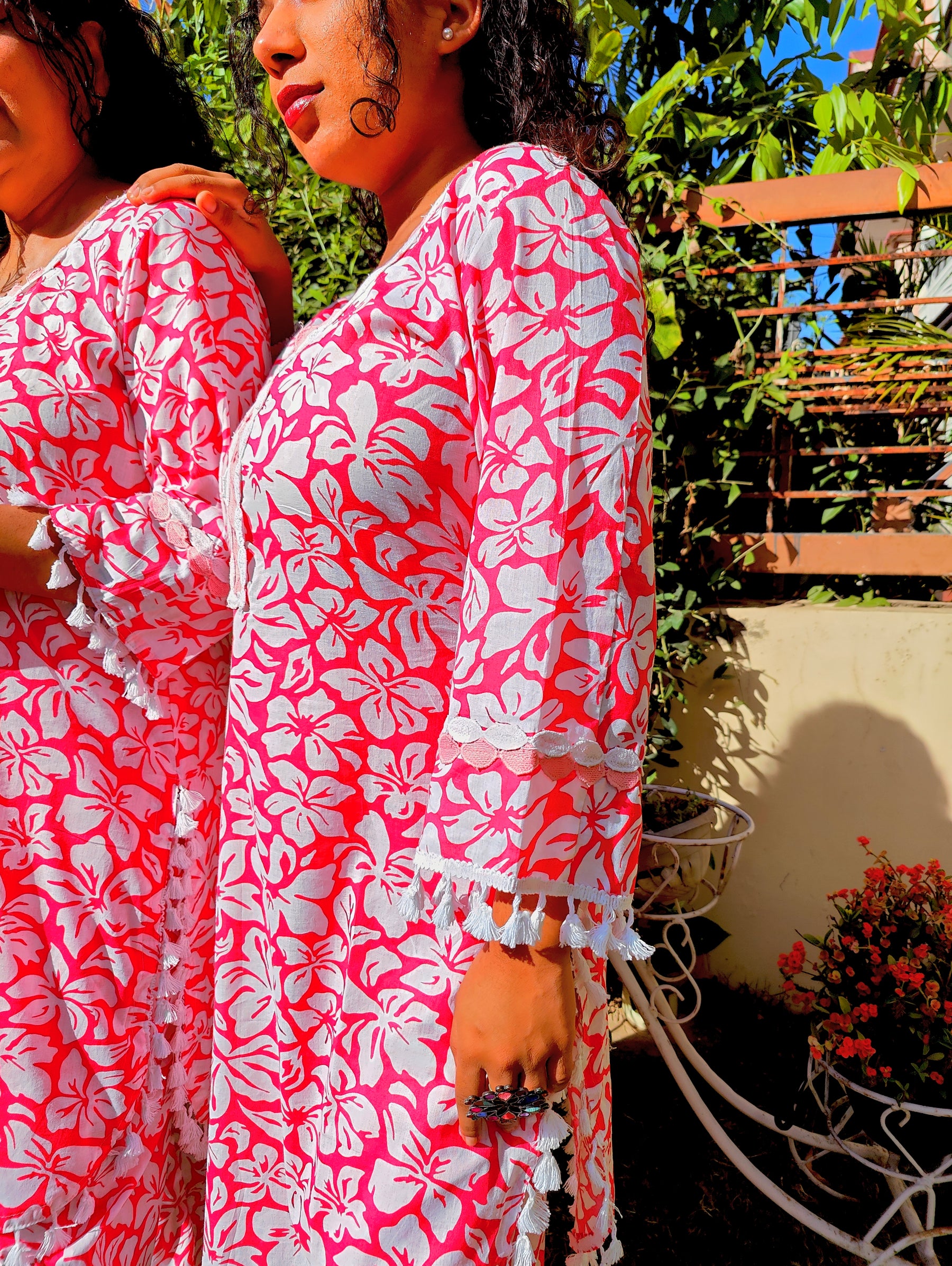 Peach Handblock White Lace Cotton Stitched Co-Ord Set