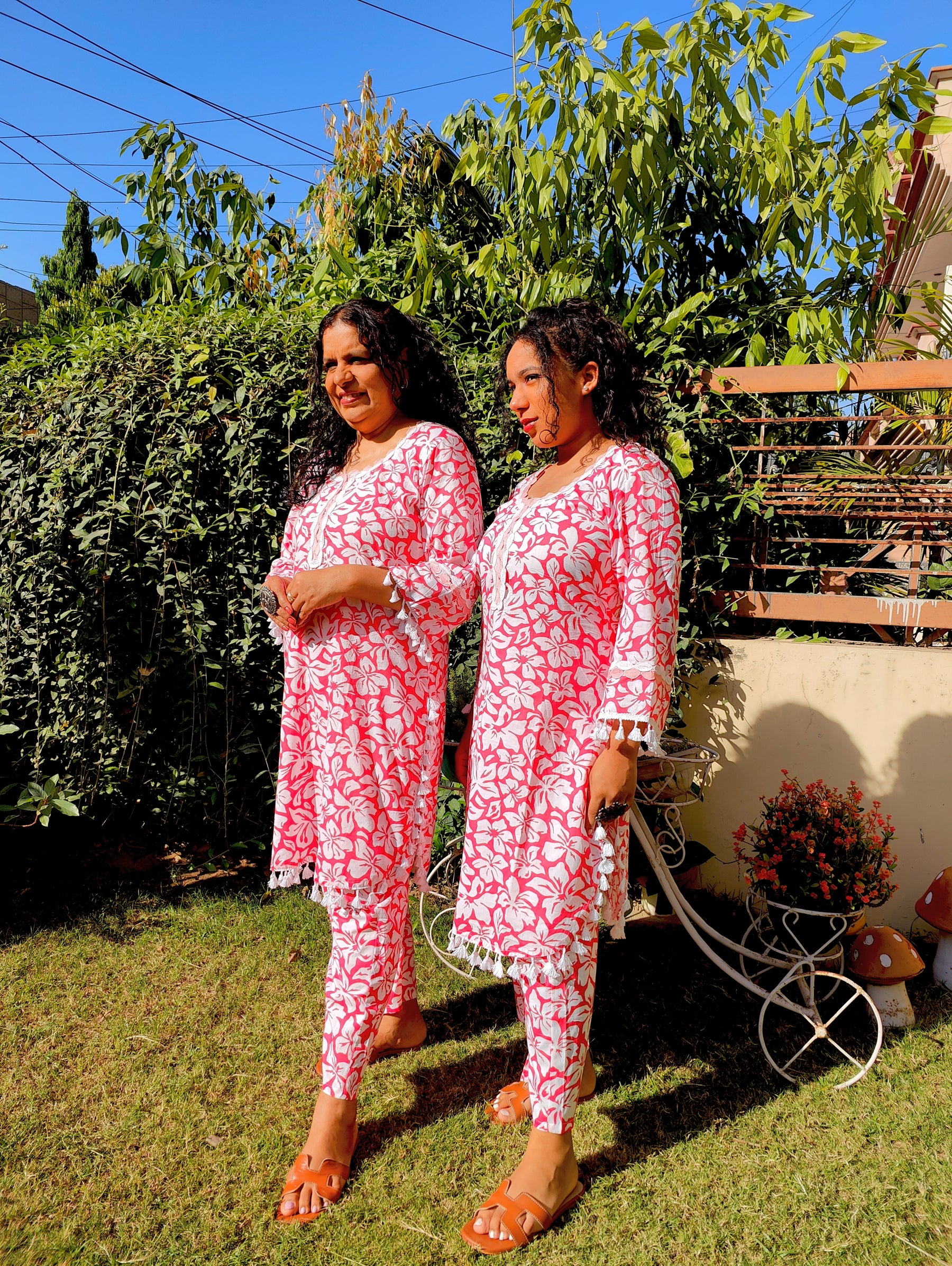 Peach Handblock White Lace Cotton Stitched Co-Ord Set