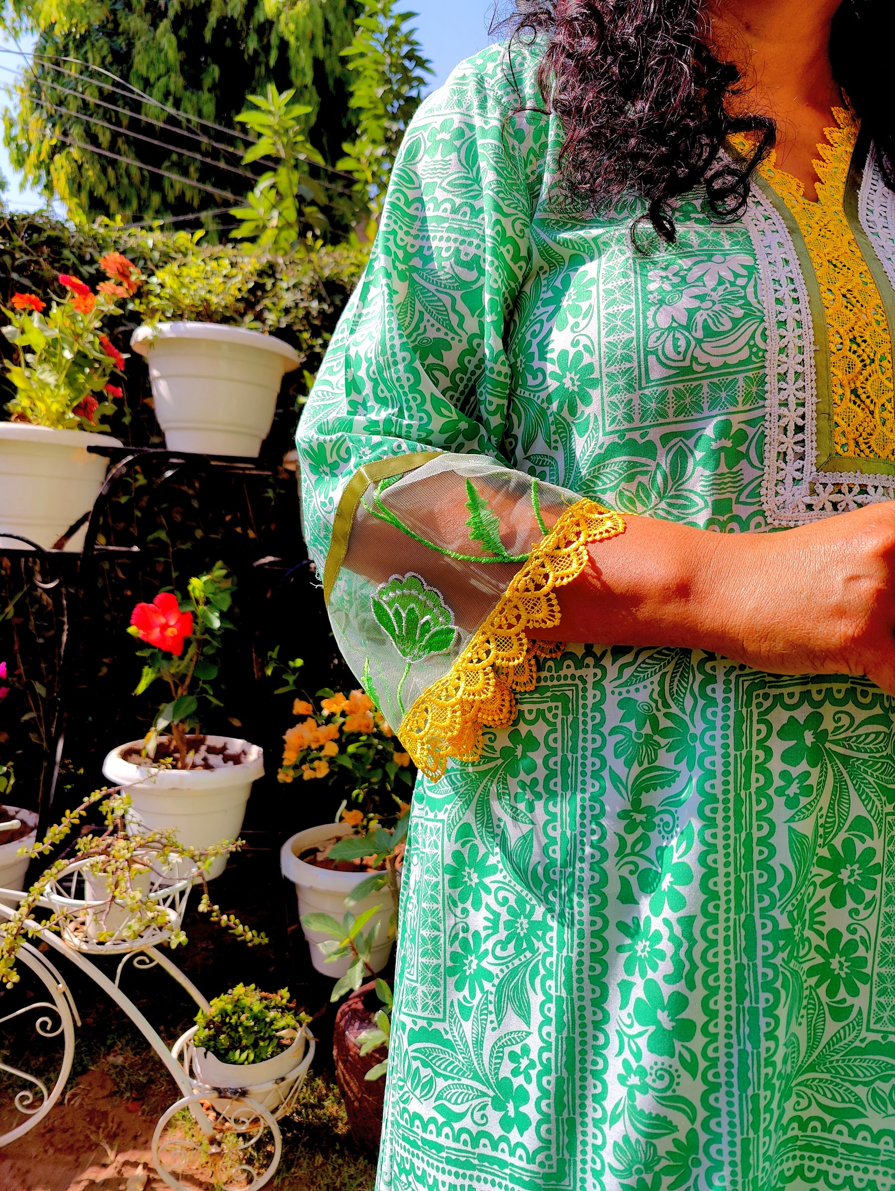 Green Floral Lace Cotton Stitched Co-Ord Set