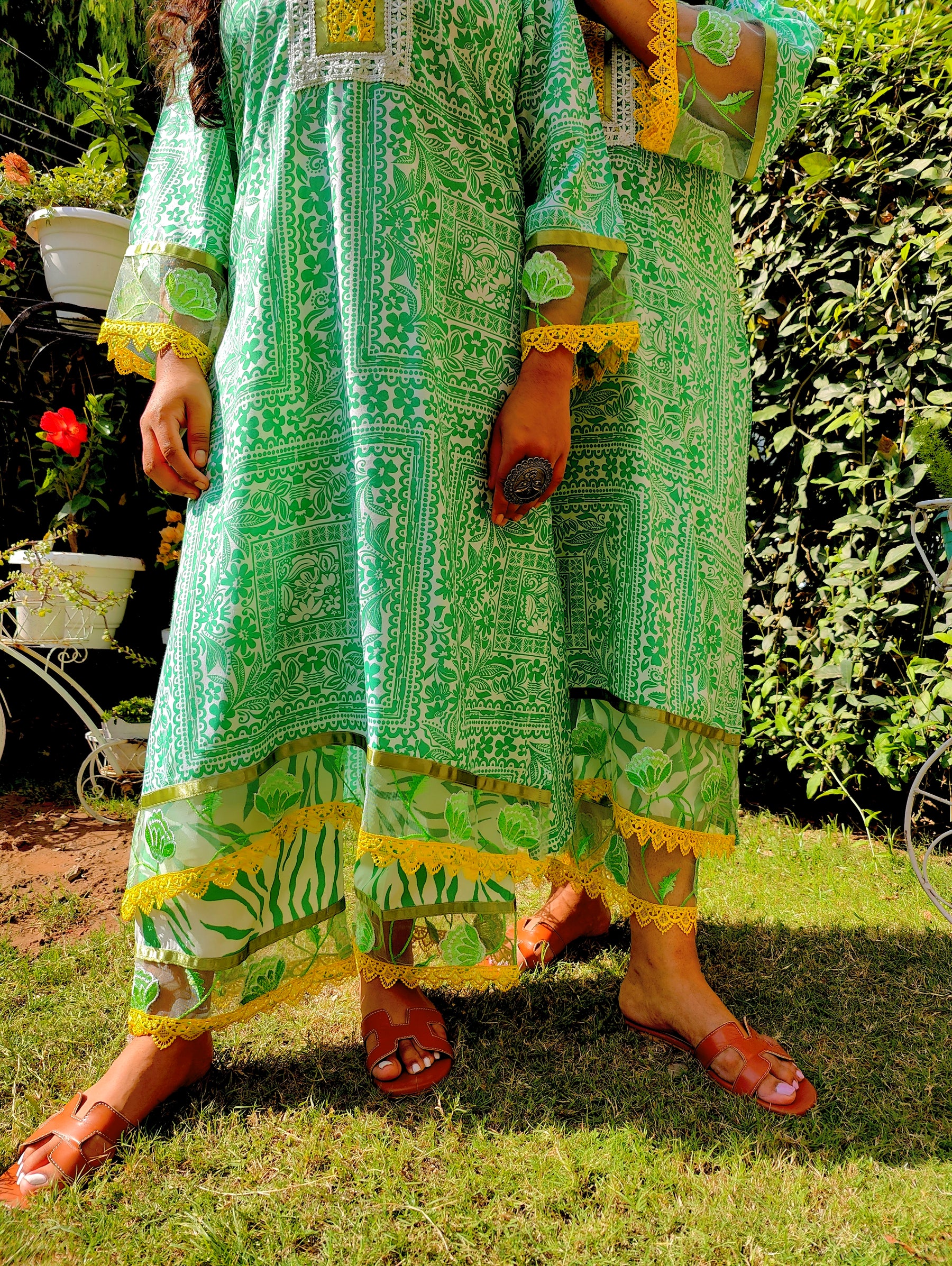 Green Floral Lace Cotton Stitched Co-Ord Set