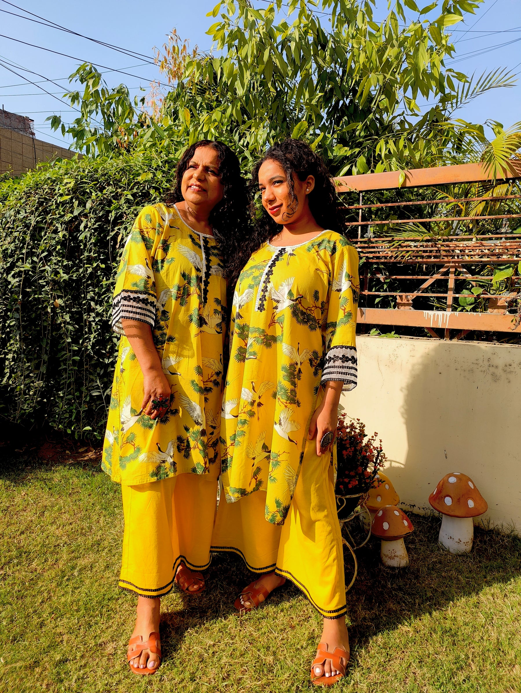 Yellow Digital Printed Cotton Lace Stitched Co-Ord Set